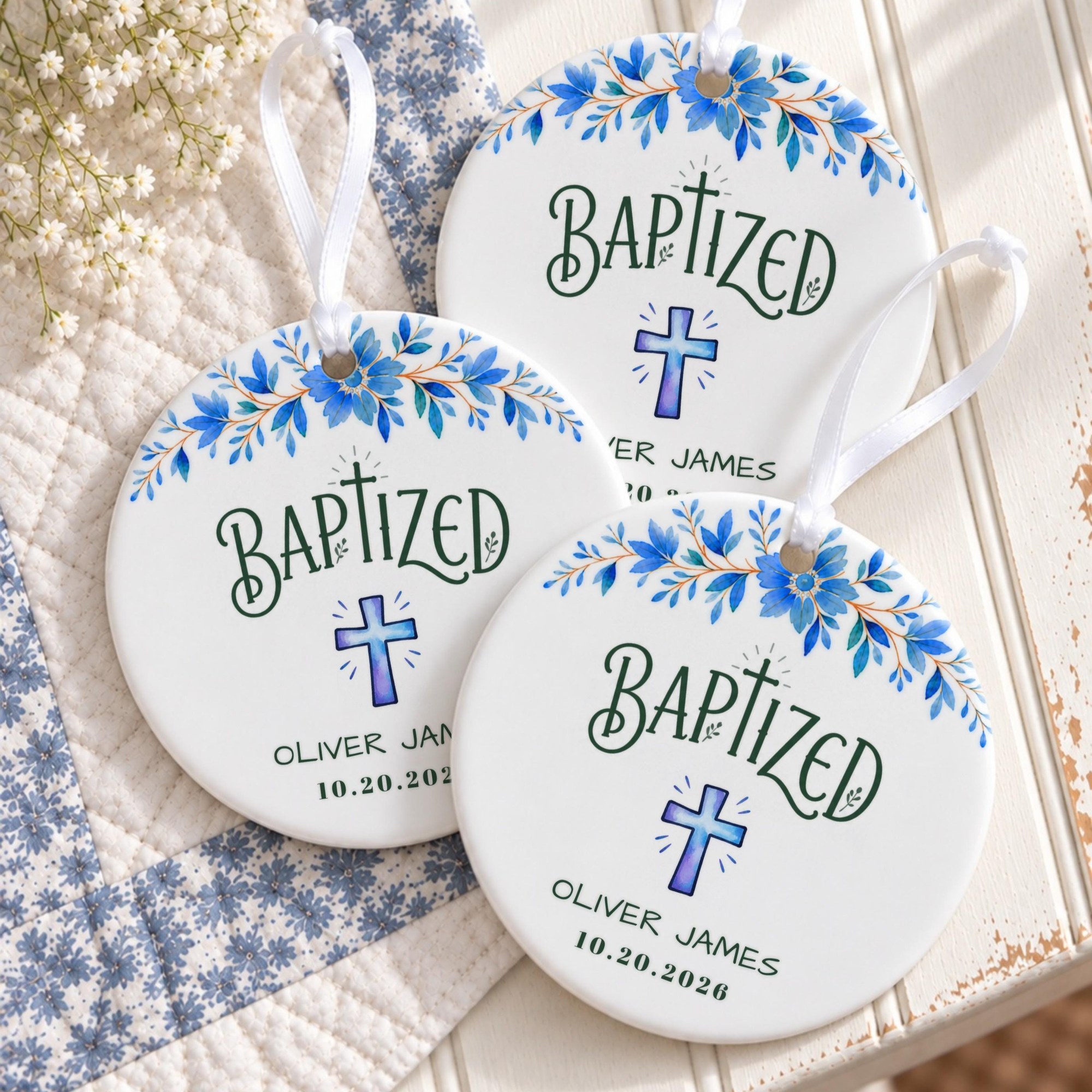 Baptism Ornament, Personalized Ceramic Keepsake With Blue Floral Cross, image 5