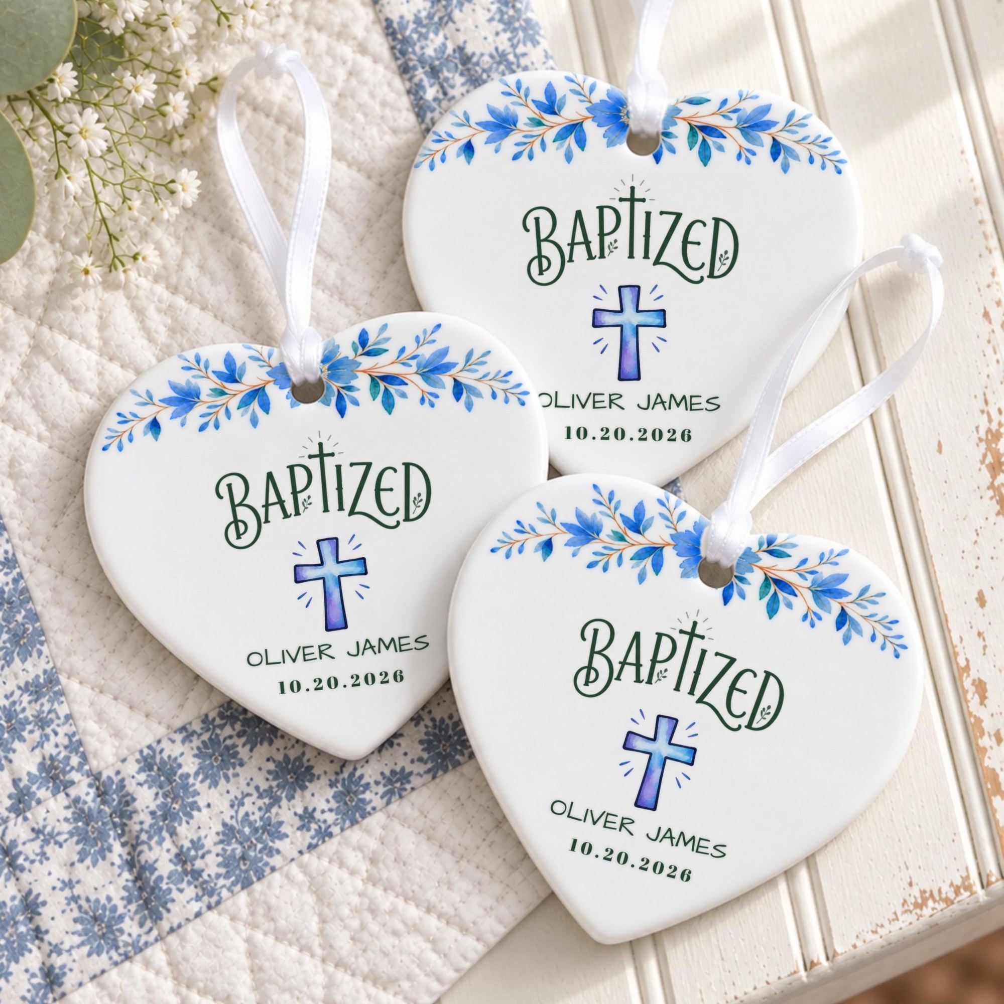 Baptism Ornament, Personalized Ceramic Keepsake With Blue Floral Cross, image 6