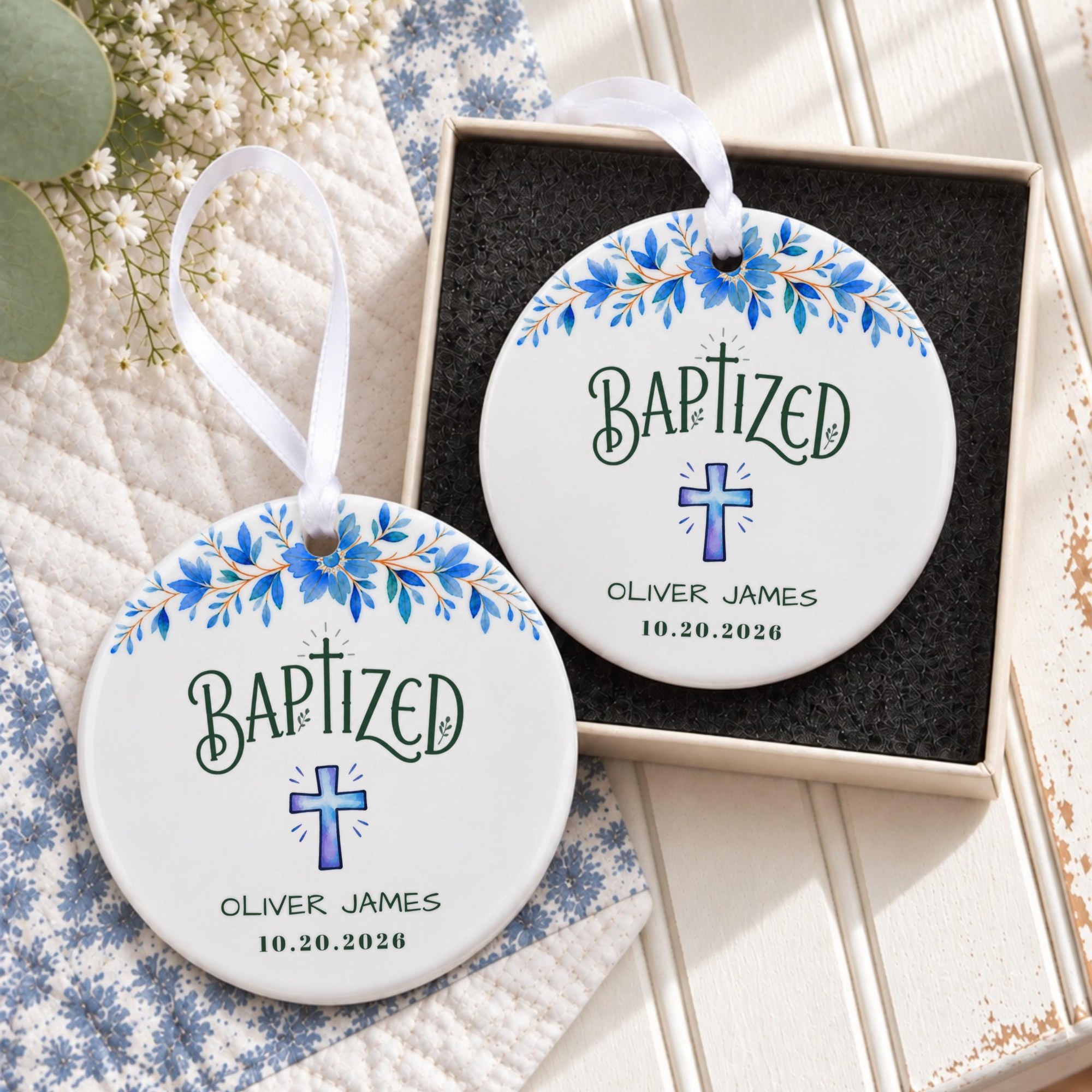 Baptism Ornament, Personalized Ceramic Keepsake With Blue Floral Cross, image 7