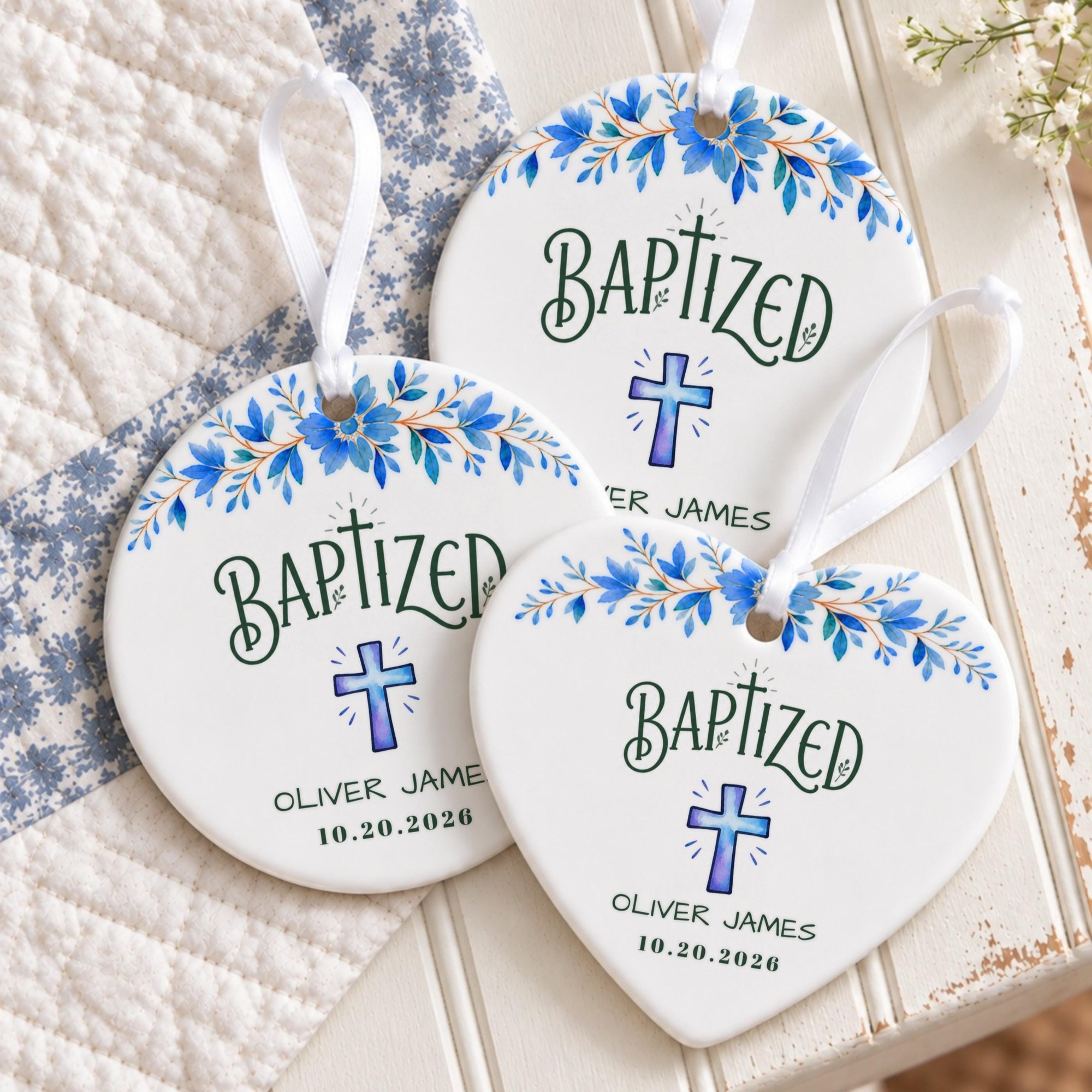 Baptism Ornament, Personalized Ceramic Keepsake With Blue Floral Cross, image 8