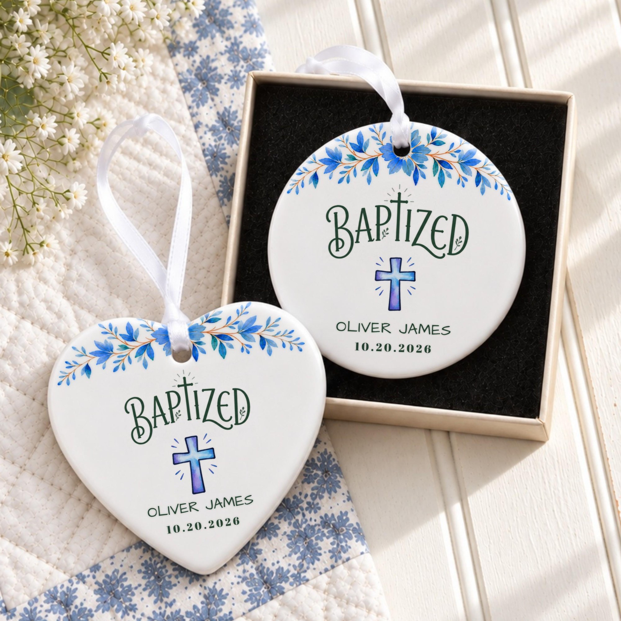 Baptism Ornament, Personalized Ceramic Keepsake With Blue Floral Cross, image 9