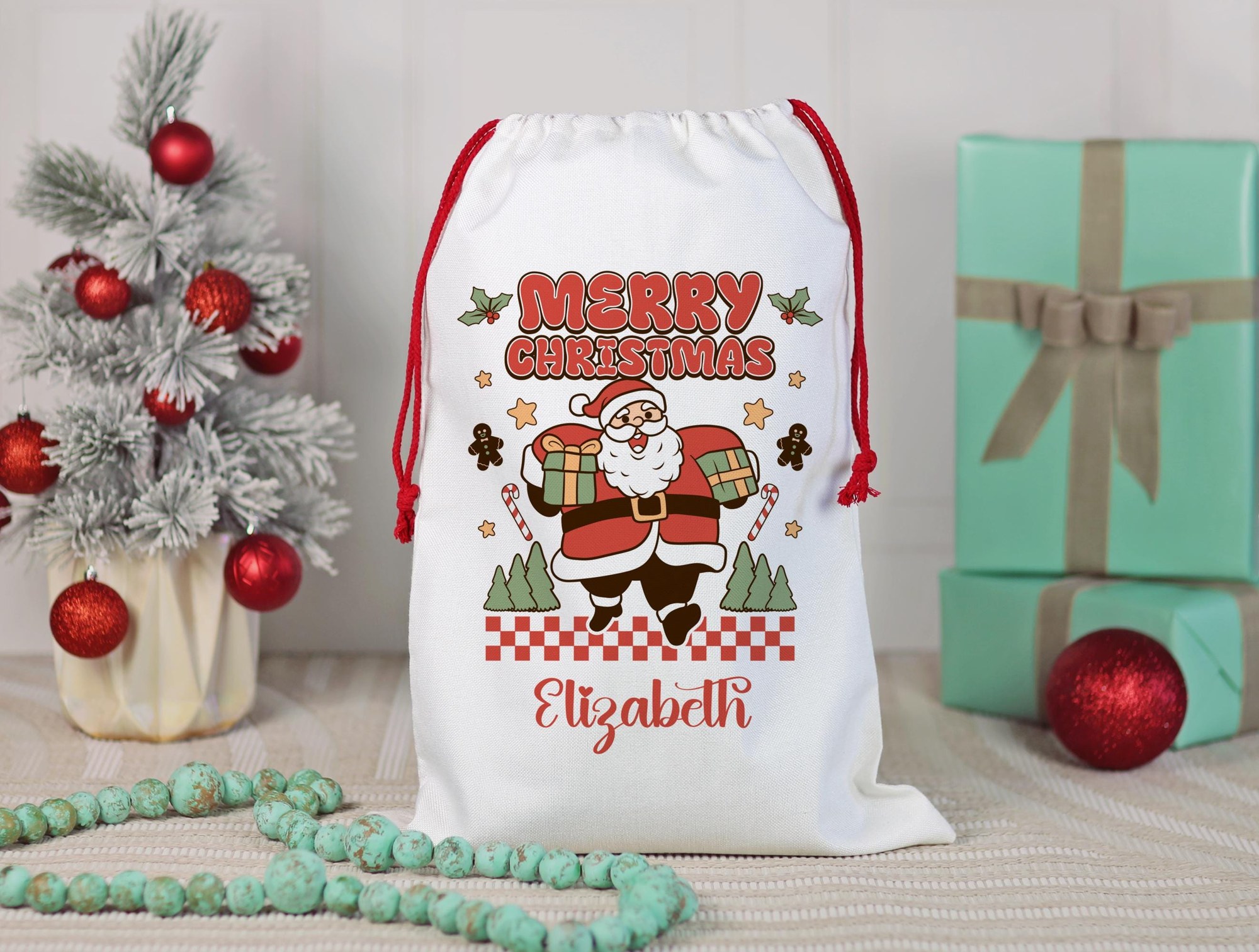 Personalized Santa Sack, Custom Name Bag with Red Drawstring, image 1