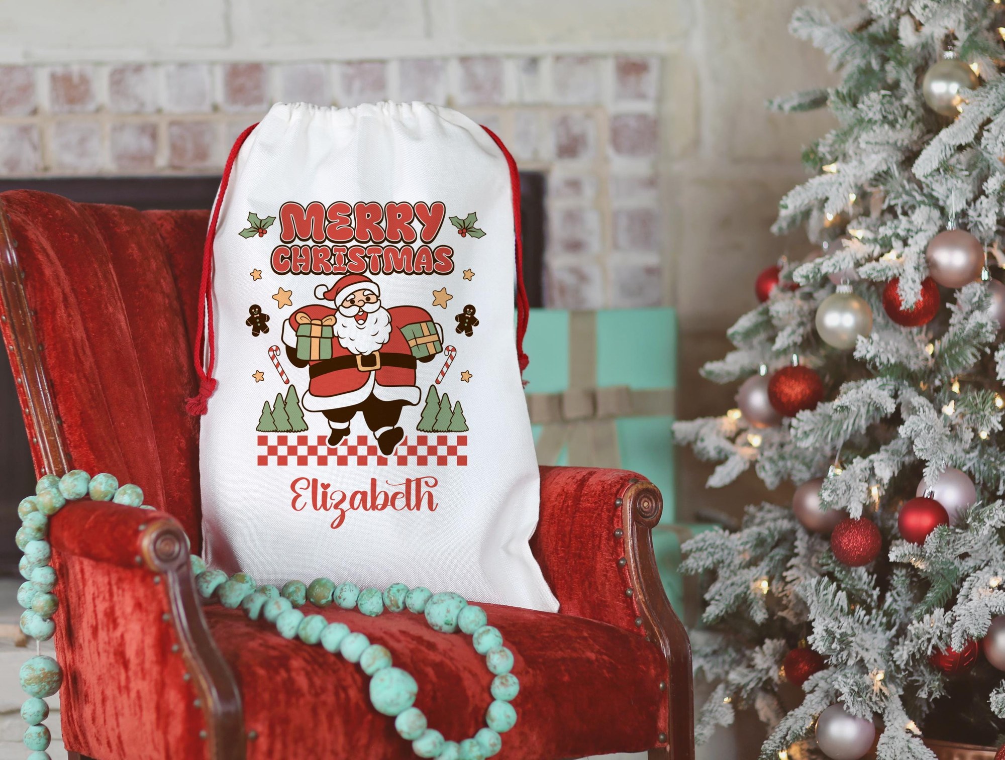 Personalized Santa Sack, Custom Name Bag with Red Drawstring, image 5