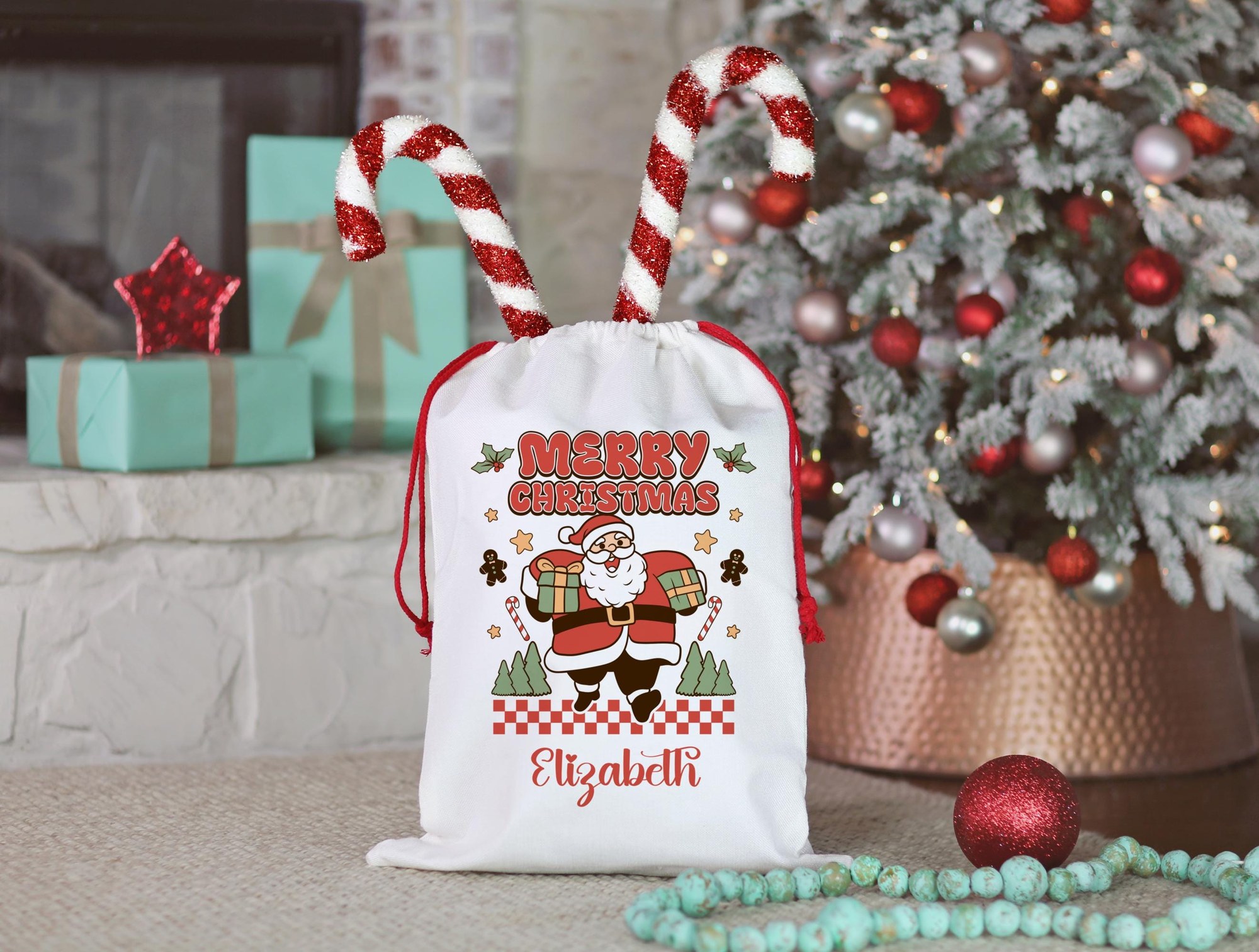 Personalized Santa Sack, Custom Name Bag with Red Drawstring, image 6