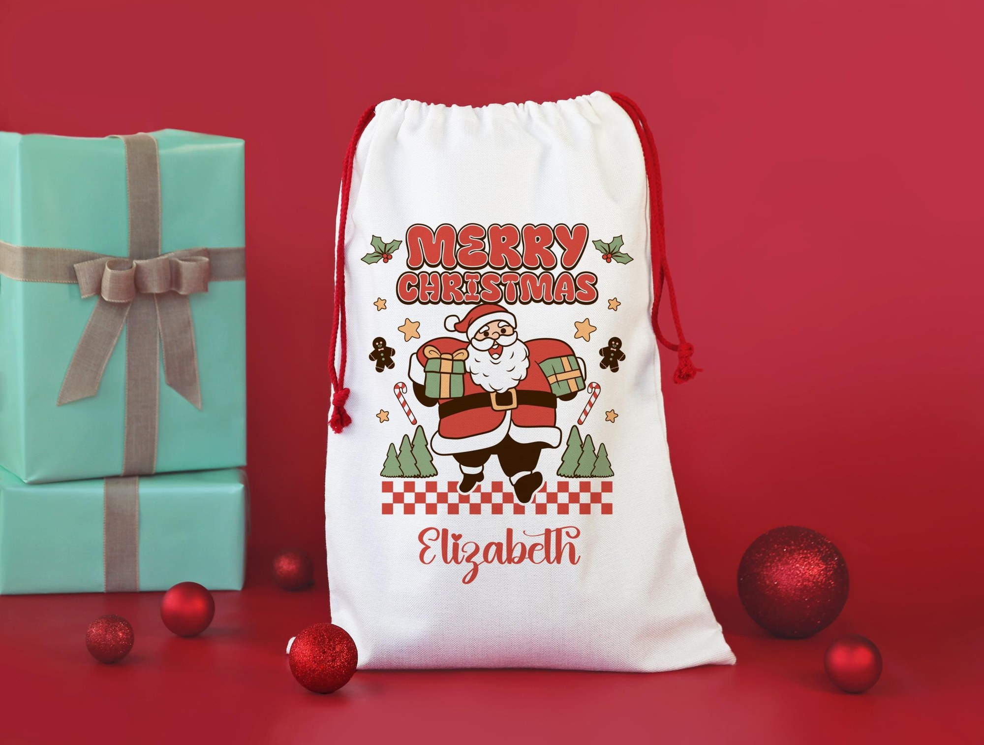 Personalized Santa Sack, Custom Name Bag with Red Drawstring, image 7