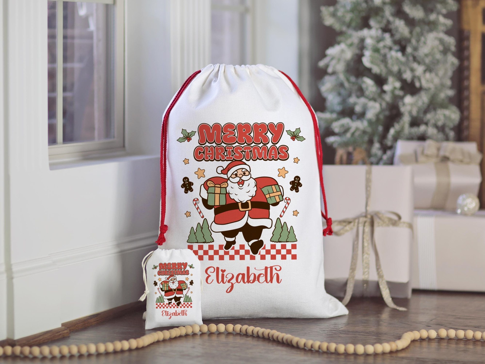 Personalized Santa Sack, Custom Name Bag with Red Drawstring, image 8