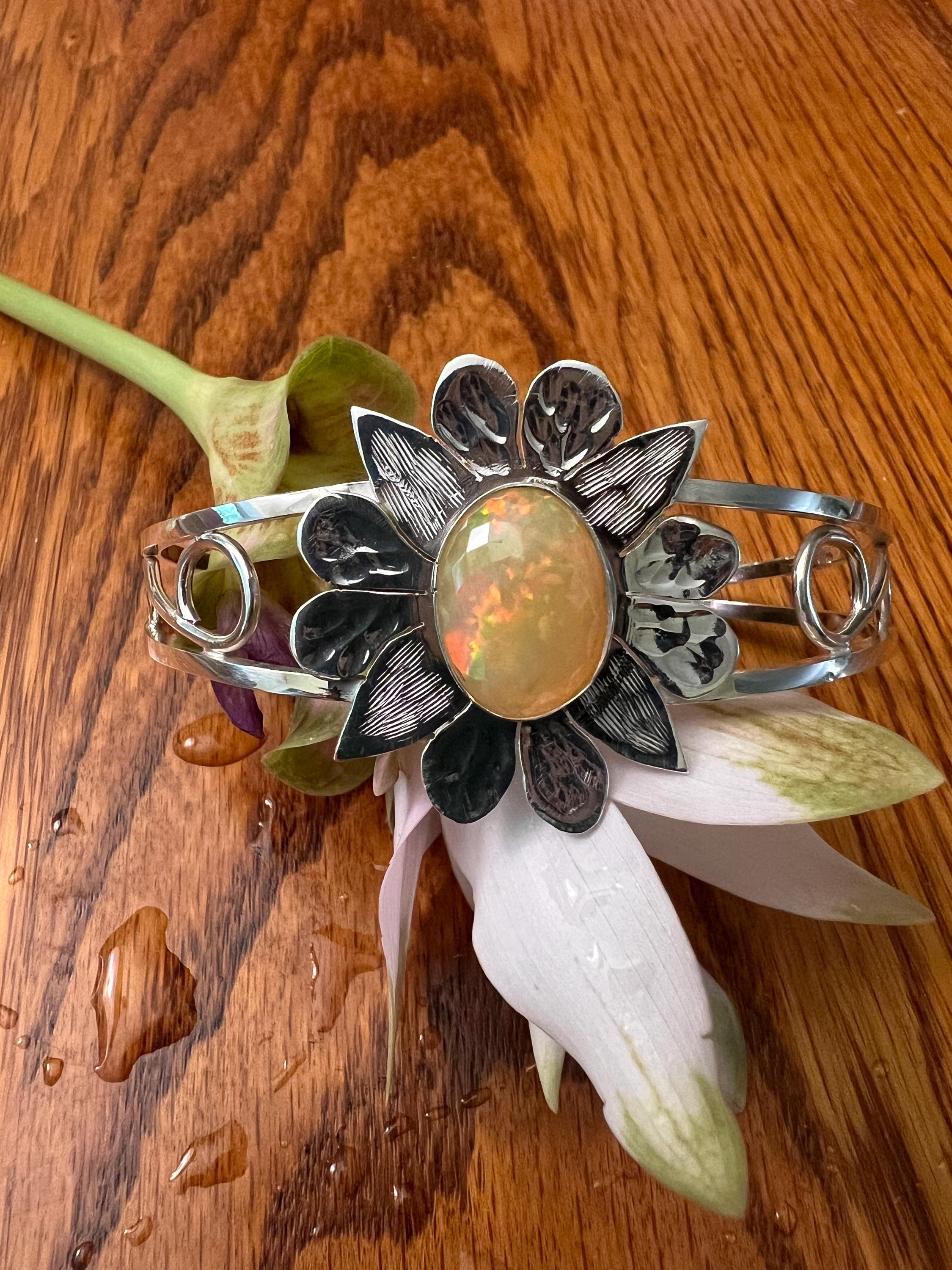 Large Orange Opal Flower Cuff, view 2
