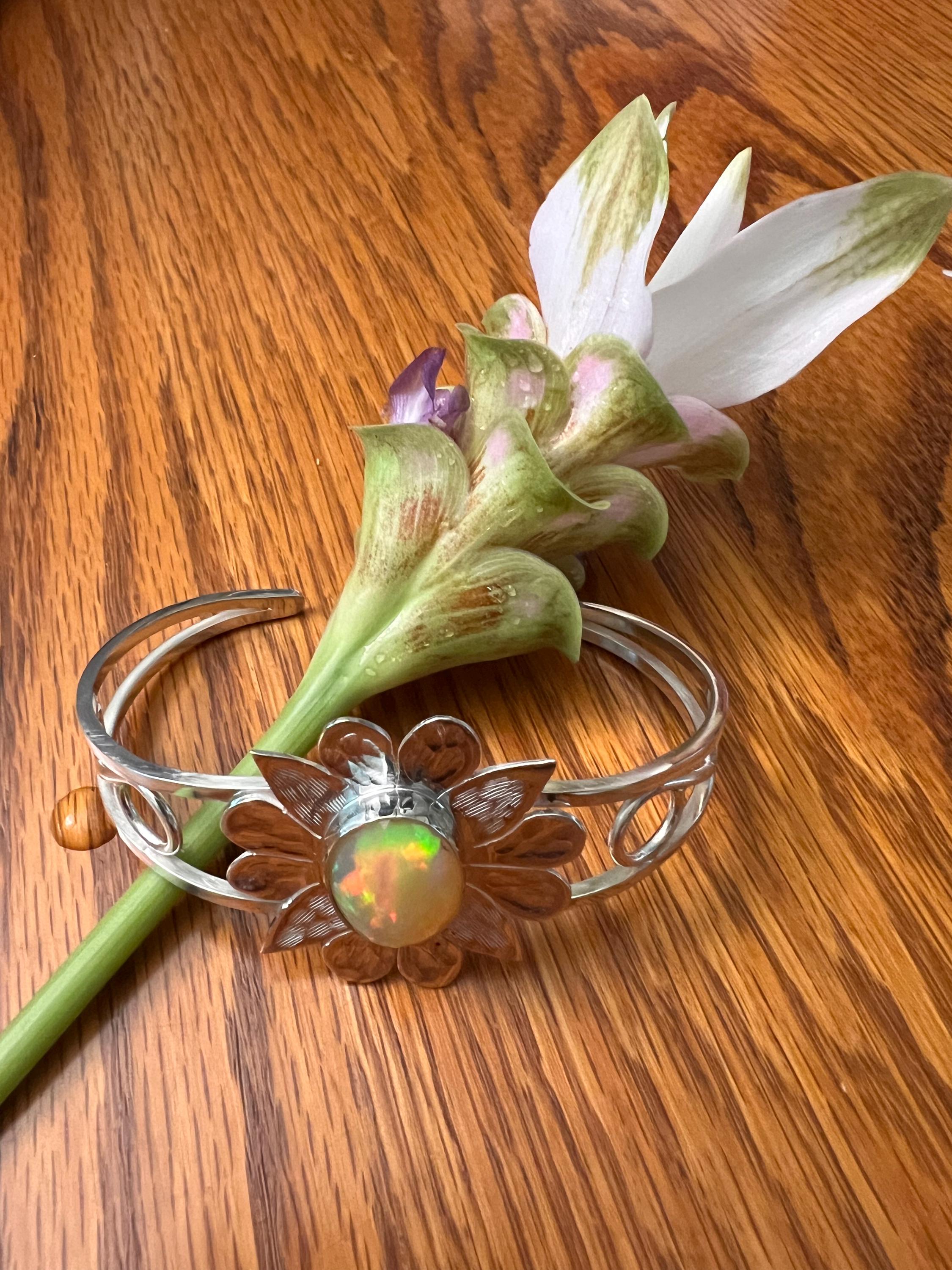 Large Orange Opal Flower Cuff, view 5