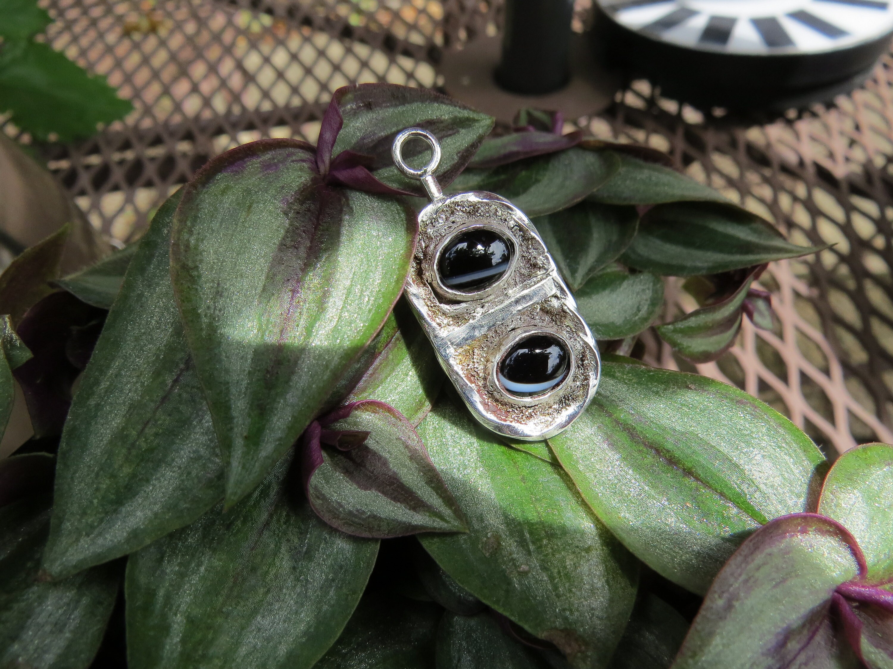 Sterling Silver Pendant with Black Agates., view 3