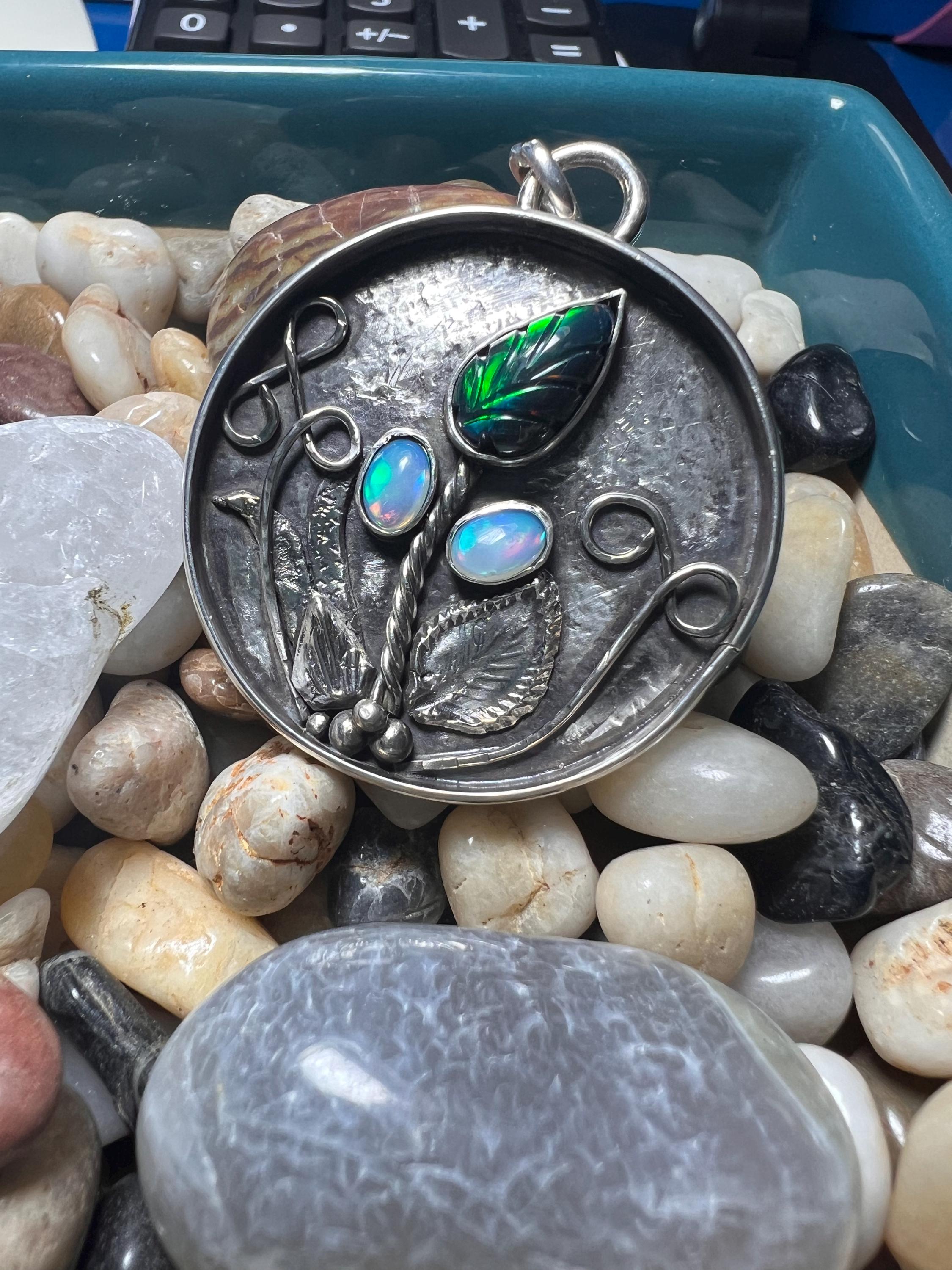 Carved Black Opal Flower Pendant