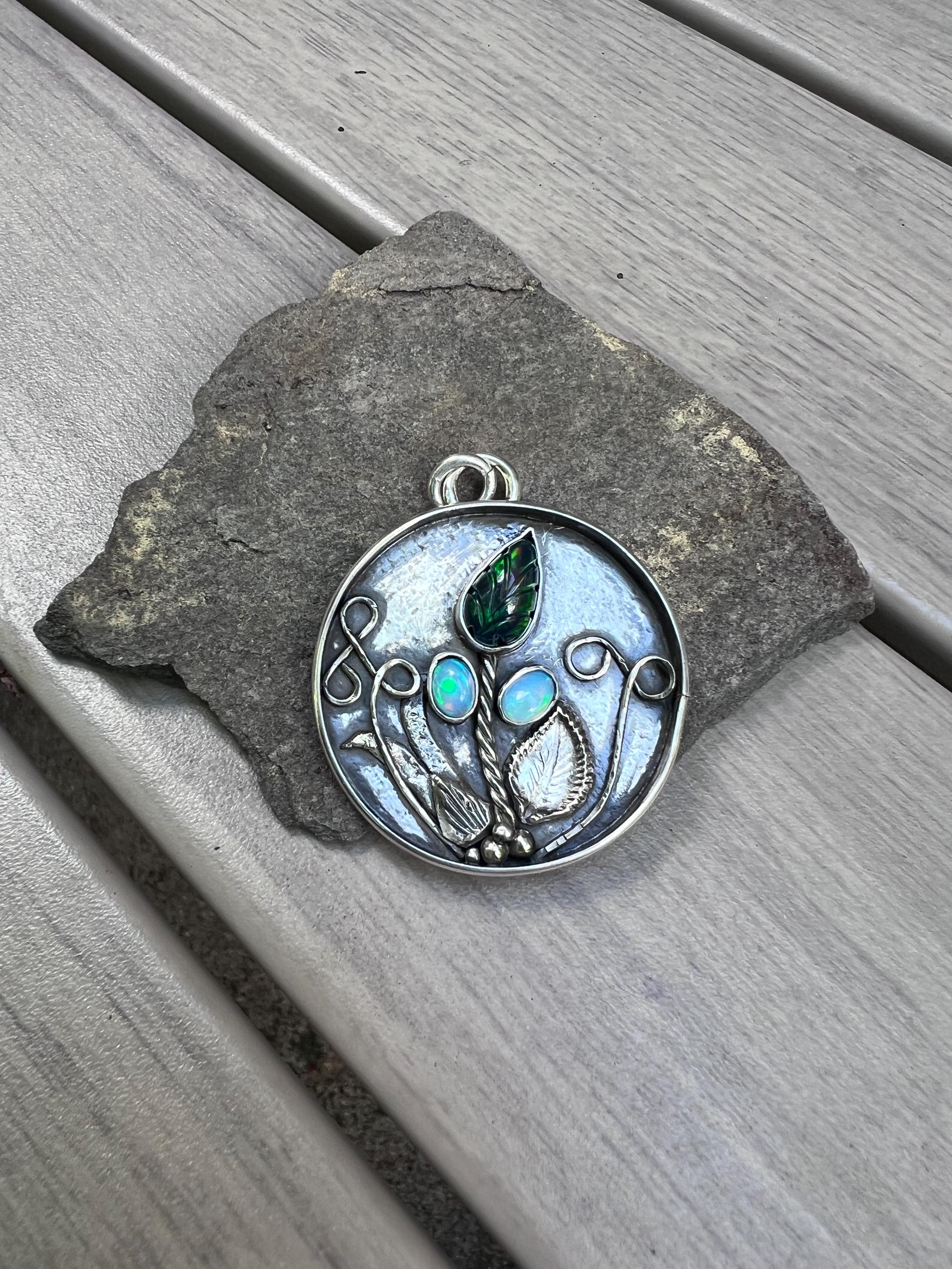 Carved Black Opal Flower Pendant, view 2