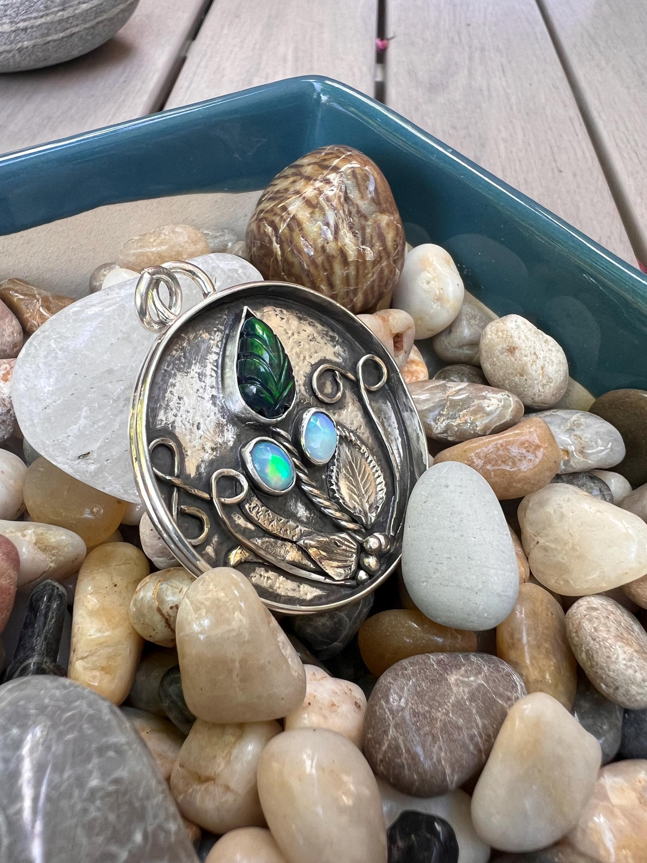 Carved Black Opal Flower Pendant, view 3