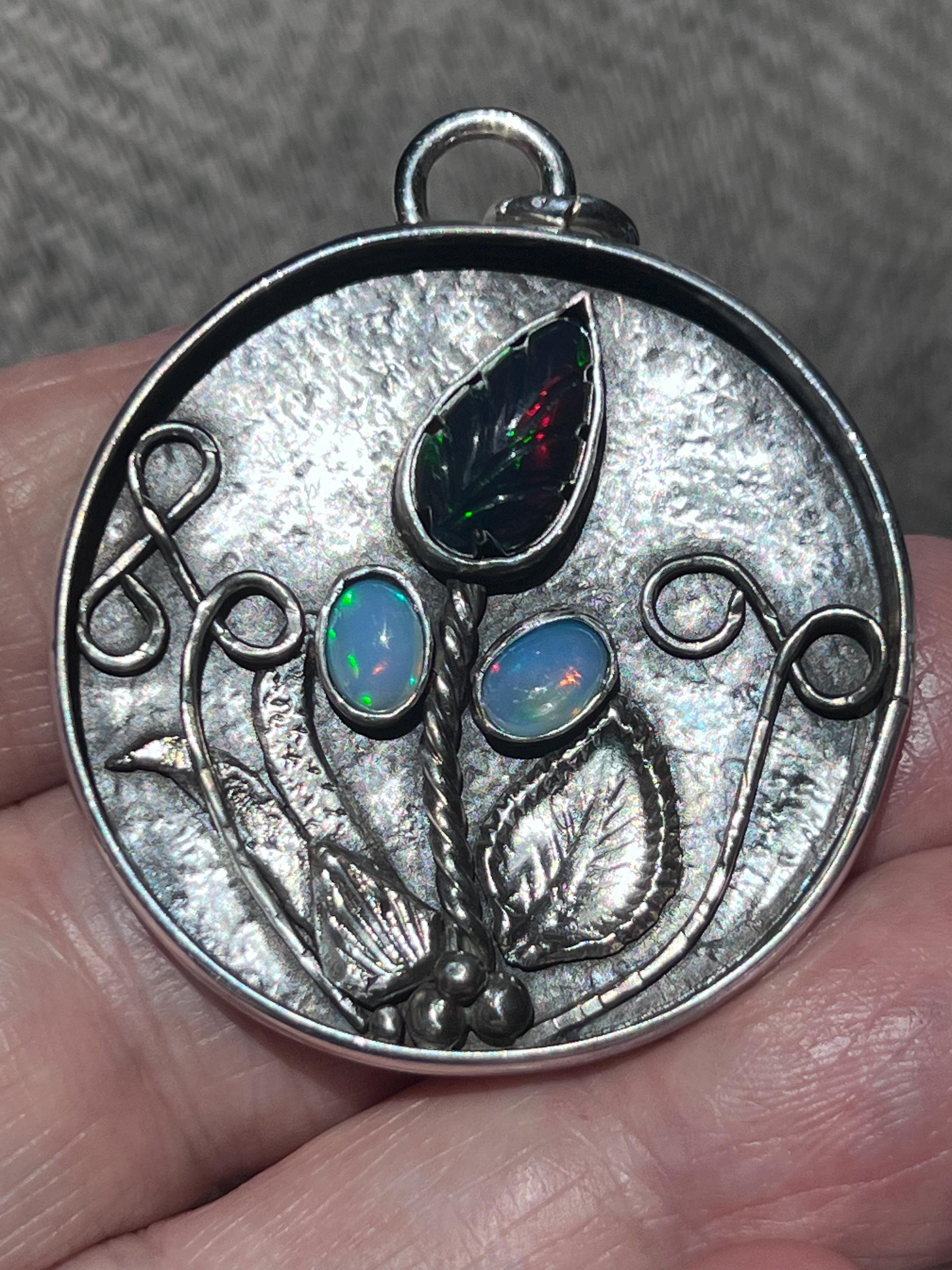 Carved Black Opal Flower Pendant, view 4