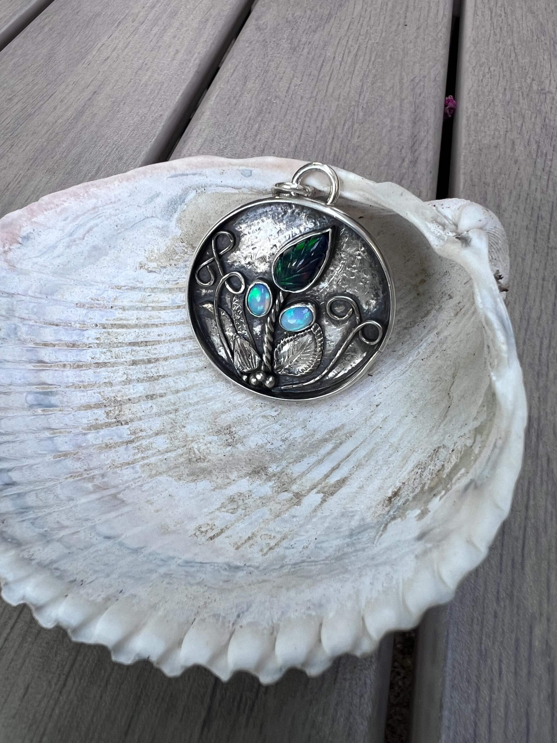 Carved Black Opal Flower Pendant, view 5