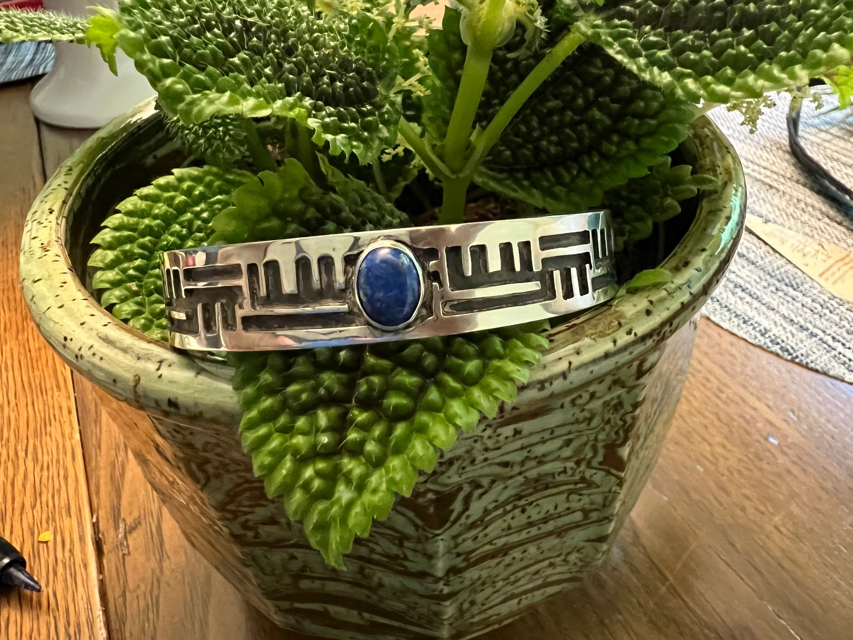 Simple & Elegant Sterling Silver Cuff with Lapis Lazuli Gemstone, view 2