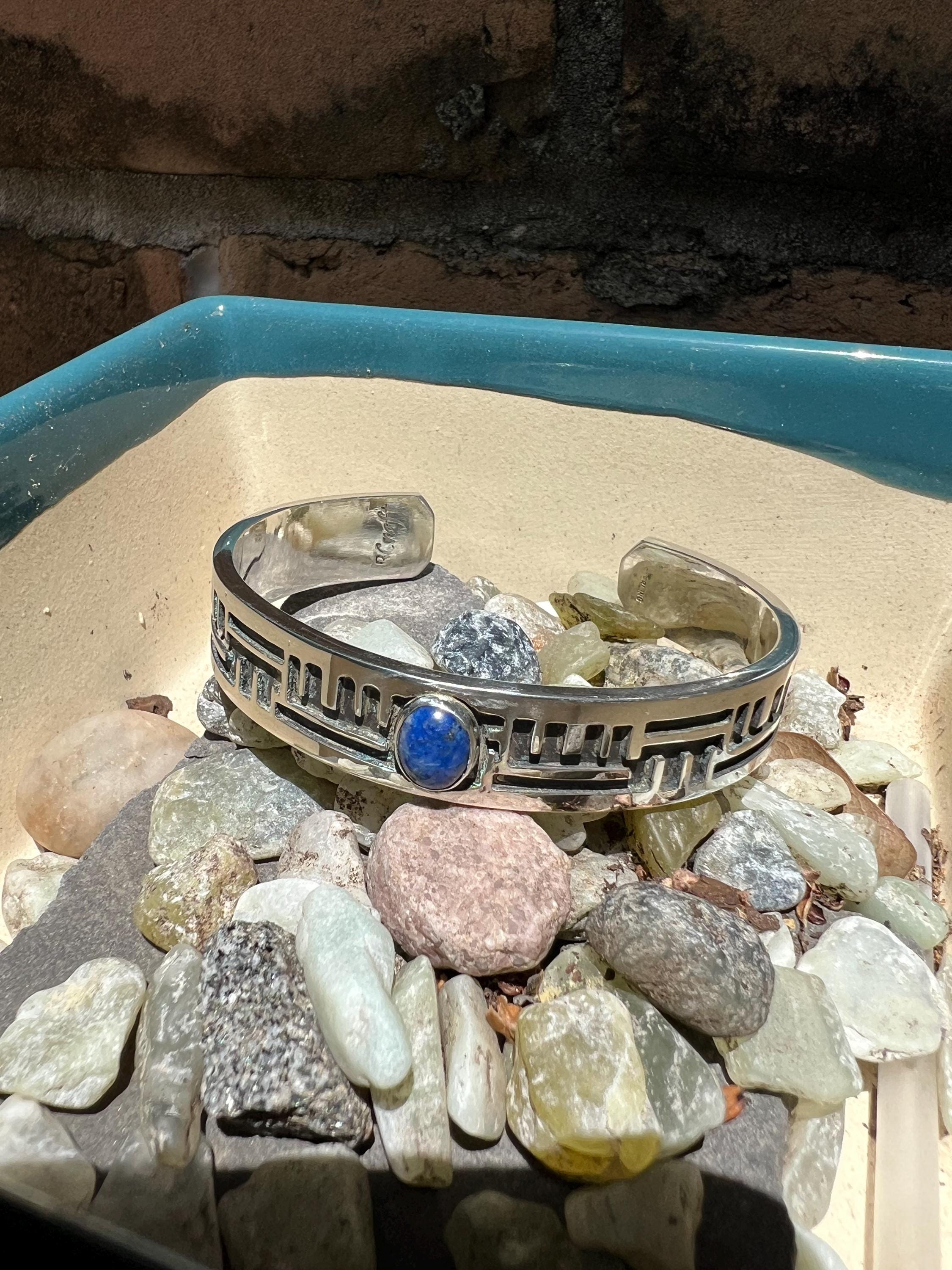 Simple & Elegant Sterling Silver Cuff with Lapis Lazuli Gemstone, view 4