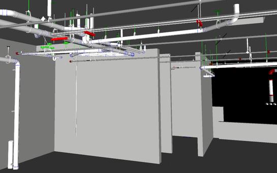 Ceiling Plenum Routing: Pipe hangers, sprinkler drops and seismic restraints.