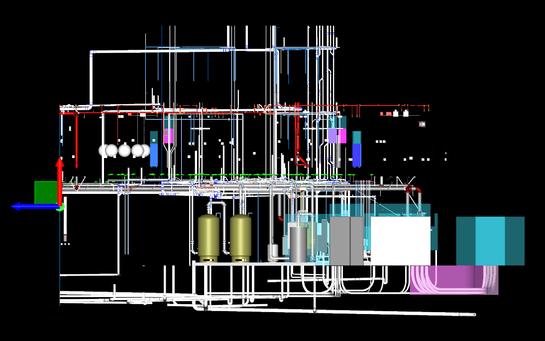 Mechanical Plant Room: Piping network and pressure vessels shown in a Navisworks coordination view.