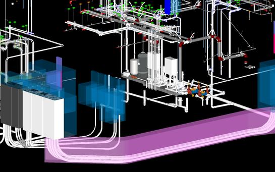 Mechanical Room Detail: Expansion tank and valve assemblies shown in an isometric BIM view.