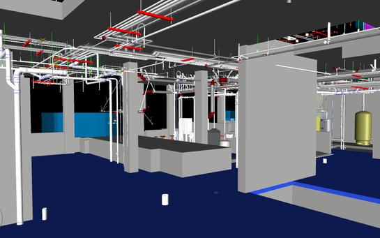 Plant Room: Storage Vessel: Overhead piping and equipment layout around a yellow expansion vessel.