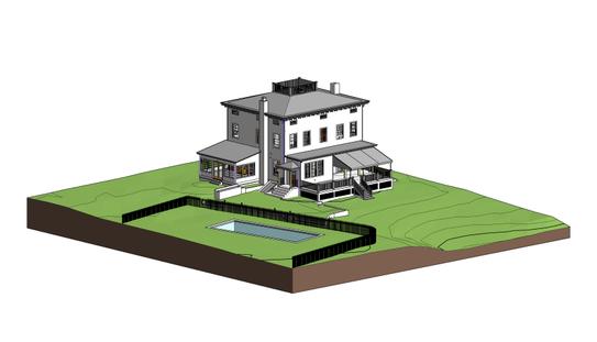 Residential Estate: Luxury residential modeling with pool and landscape in an isometric BIM view.