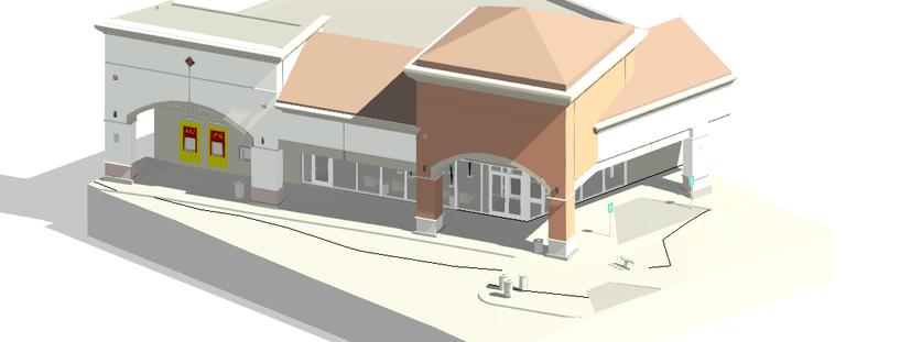 Retail Plaza: Multi-tenant strip retail modeled as a construction-ready BIM deliverable.