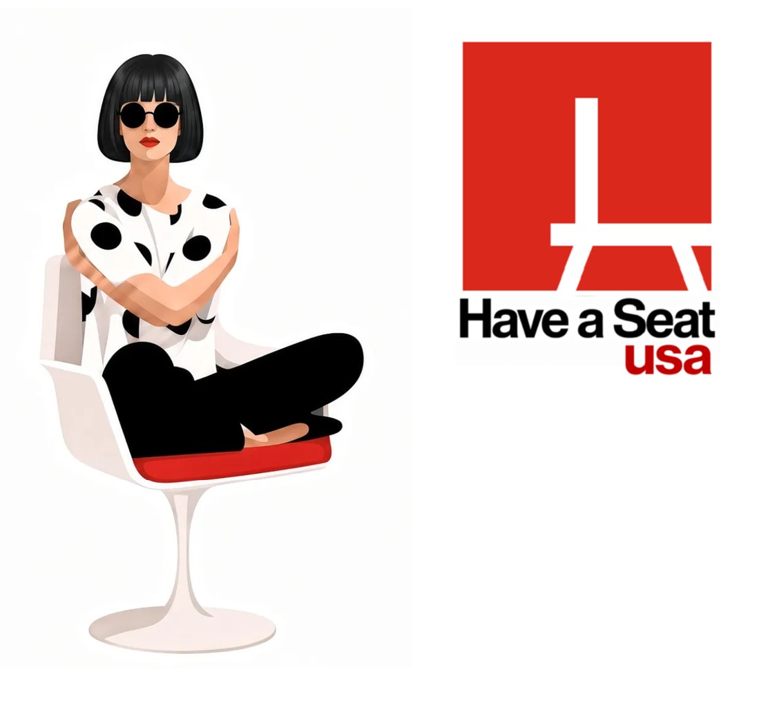 Have a Seat USA logo beside a woman seated in a modern chair