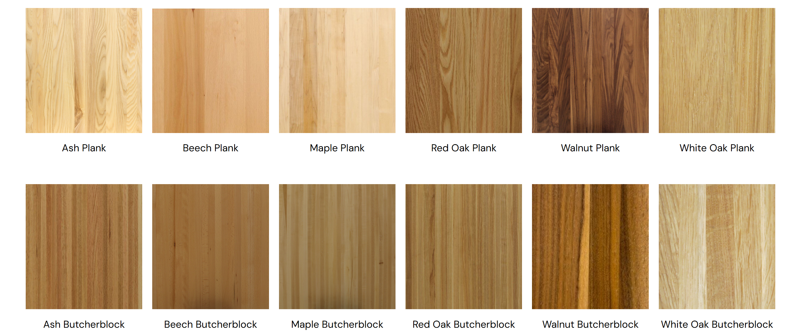 Available solid wood plank and butcherblock species