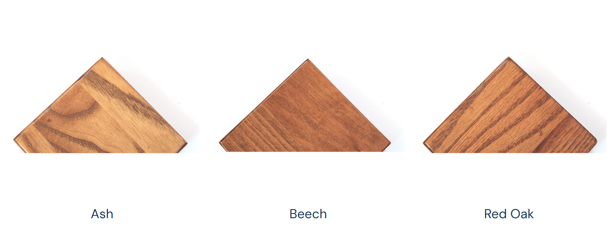 Natural solid wood stain sample: Ash, Beech, and Red Oak