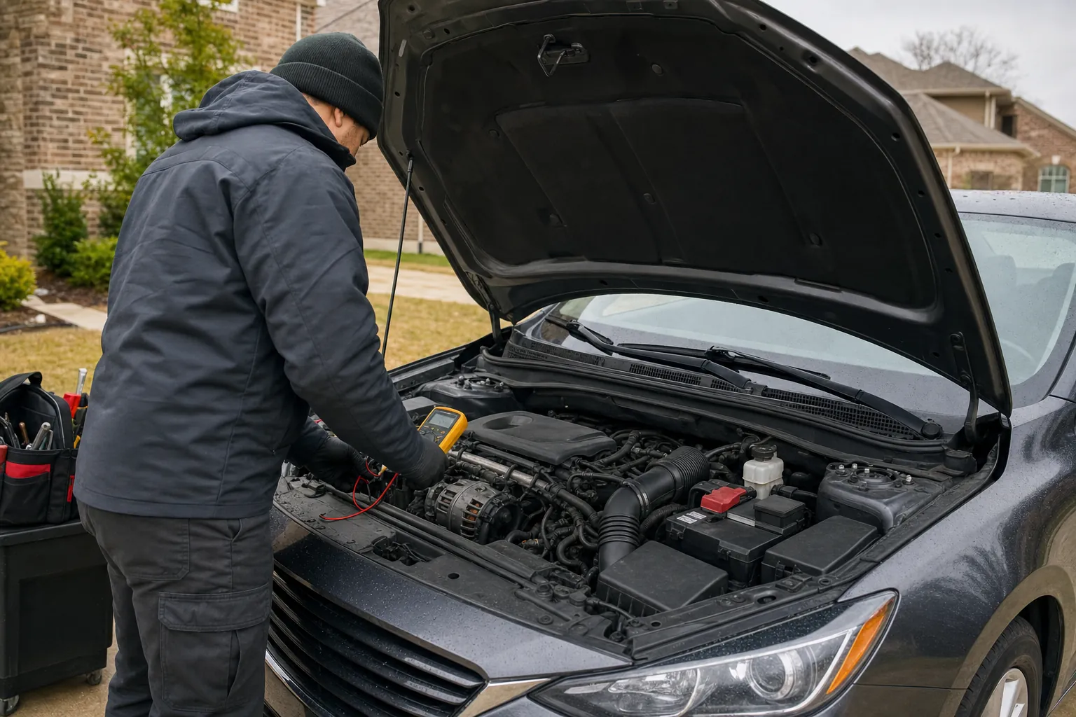 Mobile mechanic testing a vehicle charging system beside an open hood in a driveway