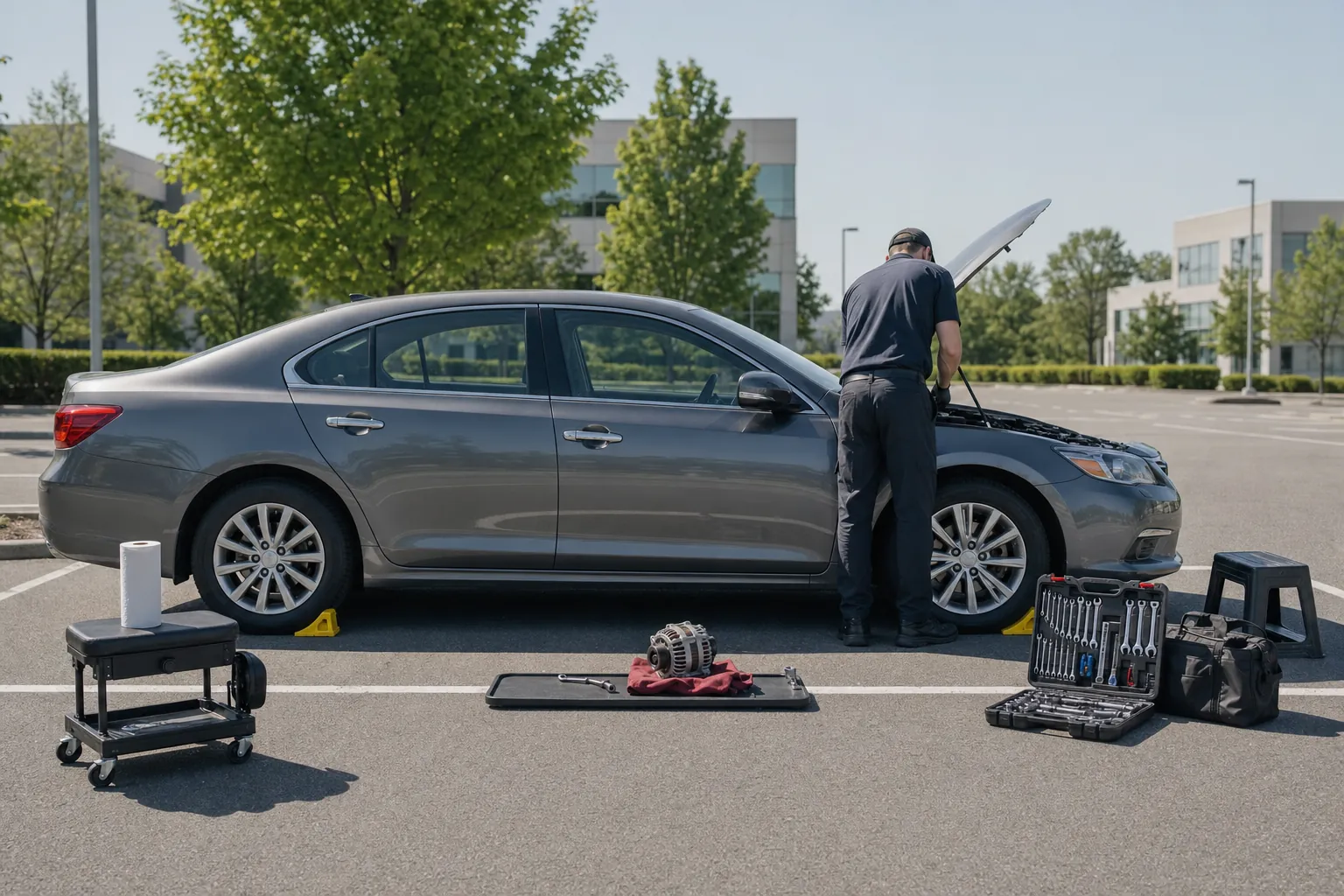 Mobile mechanic preparing tools beside a passenger car with wheel chocks in a level office parking lot