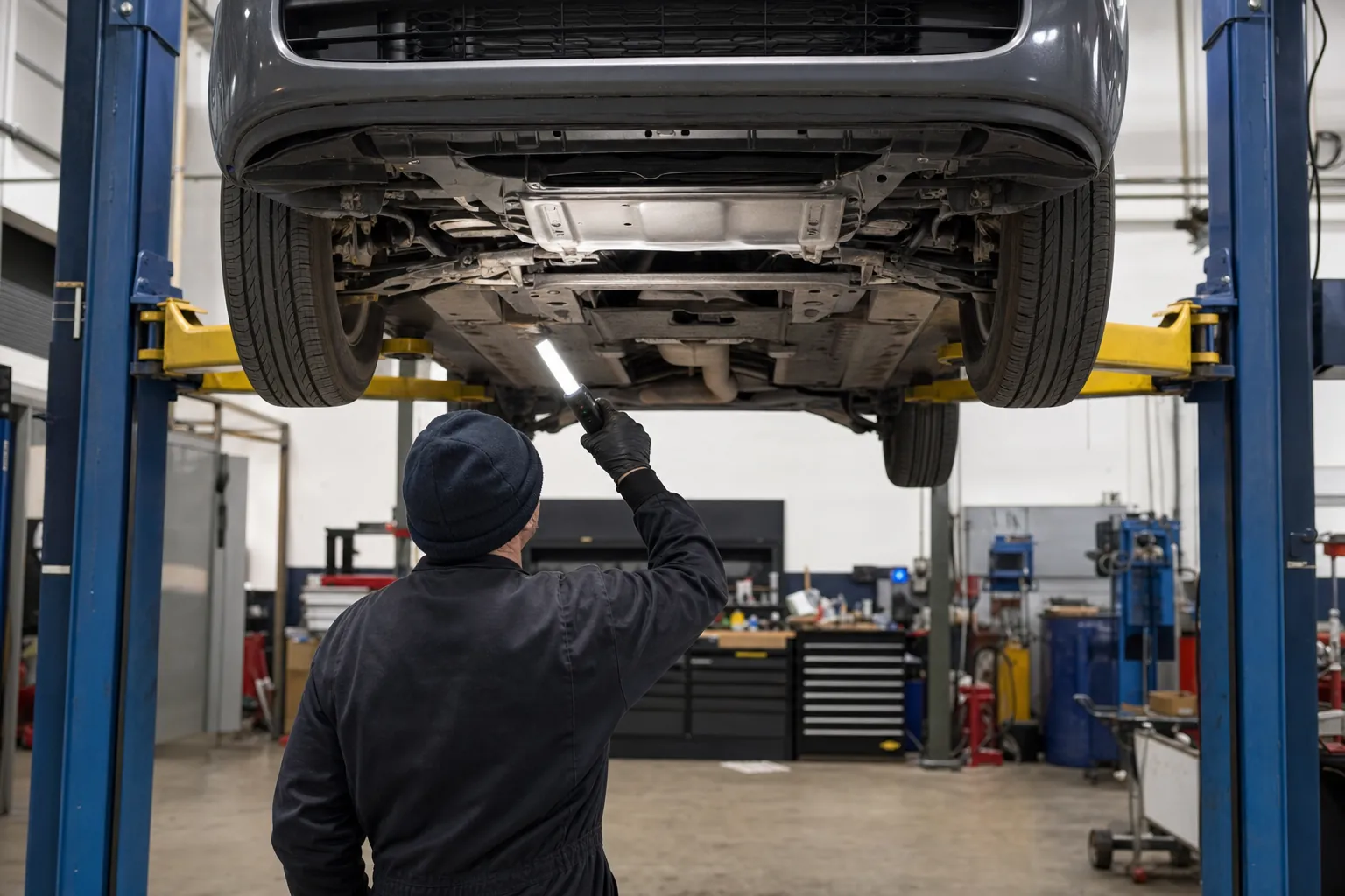 Passenger car raised safely on a hydraulic lift while a technician inspects the underside in a repair shop