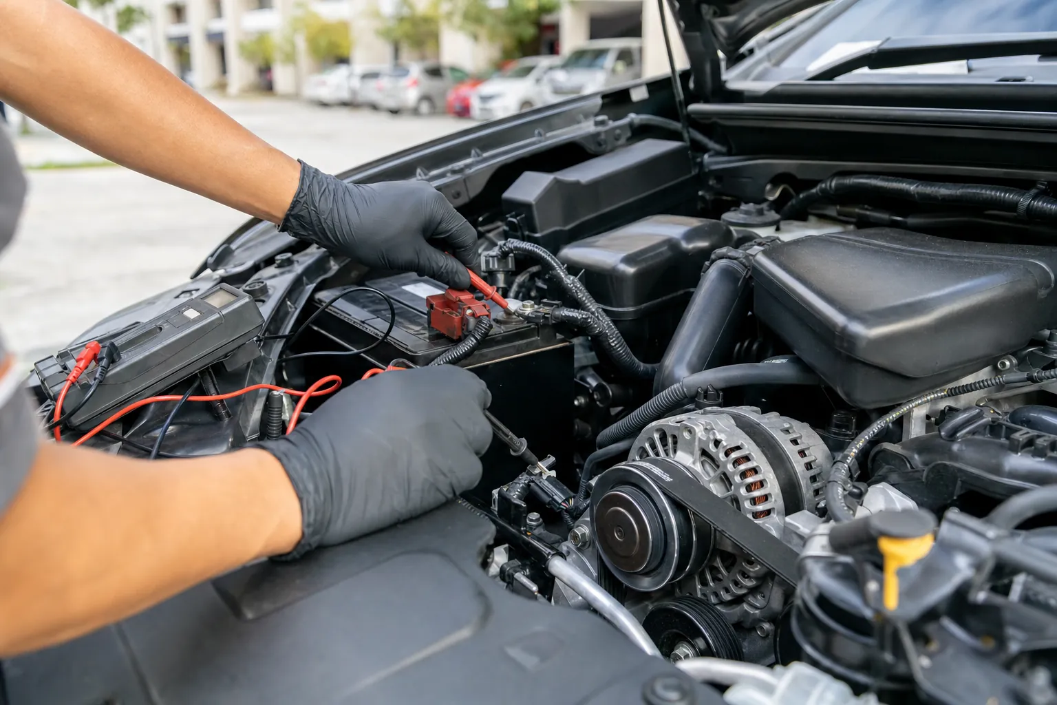 Mobile mechanic testing battery terminals and alternator connections with a diagnostic meter under an open hood
