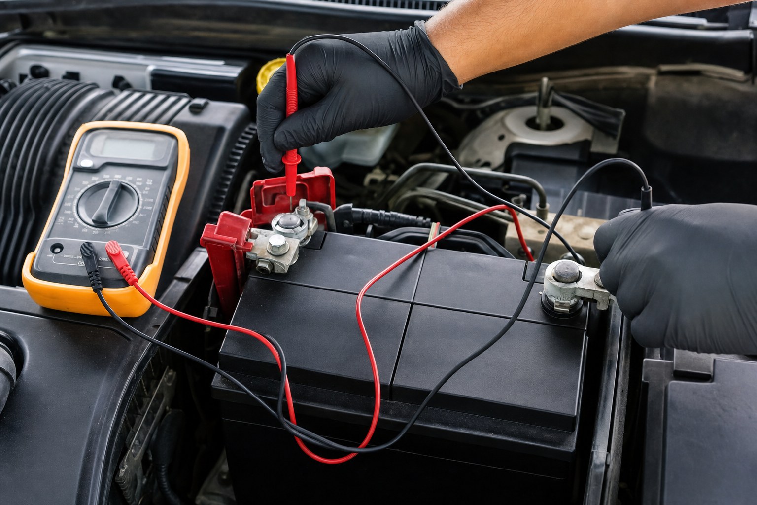 Technician testing a car battery and terminals with a multimeter