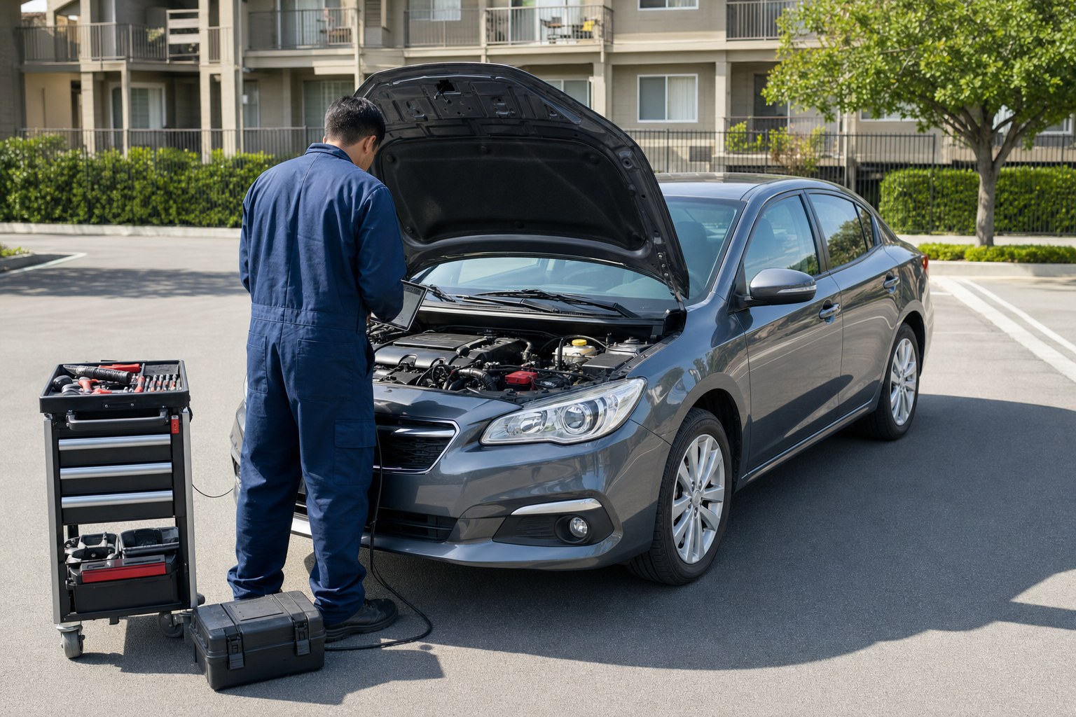 Mobile technician diagnosing a sedan in a safe apartment parking area