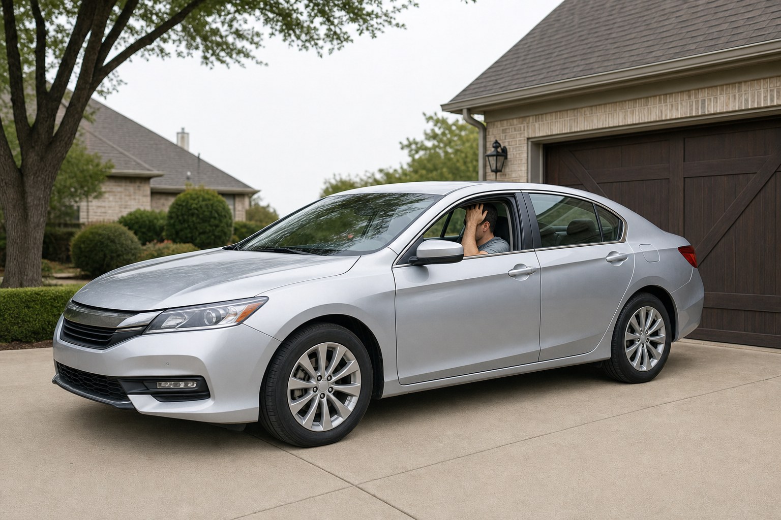 Driver sitting in a sedan that will not start in a residential driveway