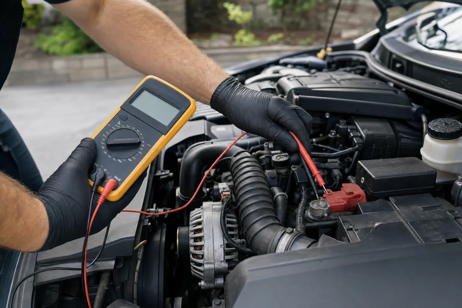 Mechanic testing the charging system at an open hood with a digital multimeter