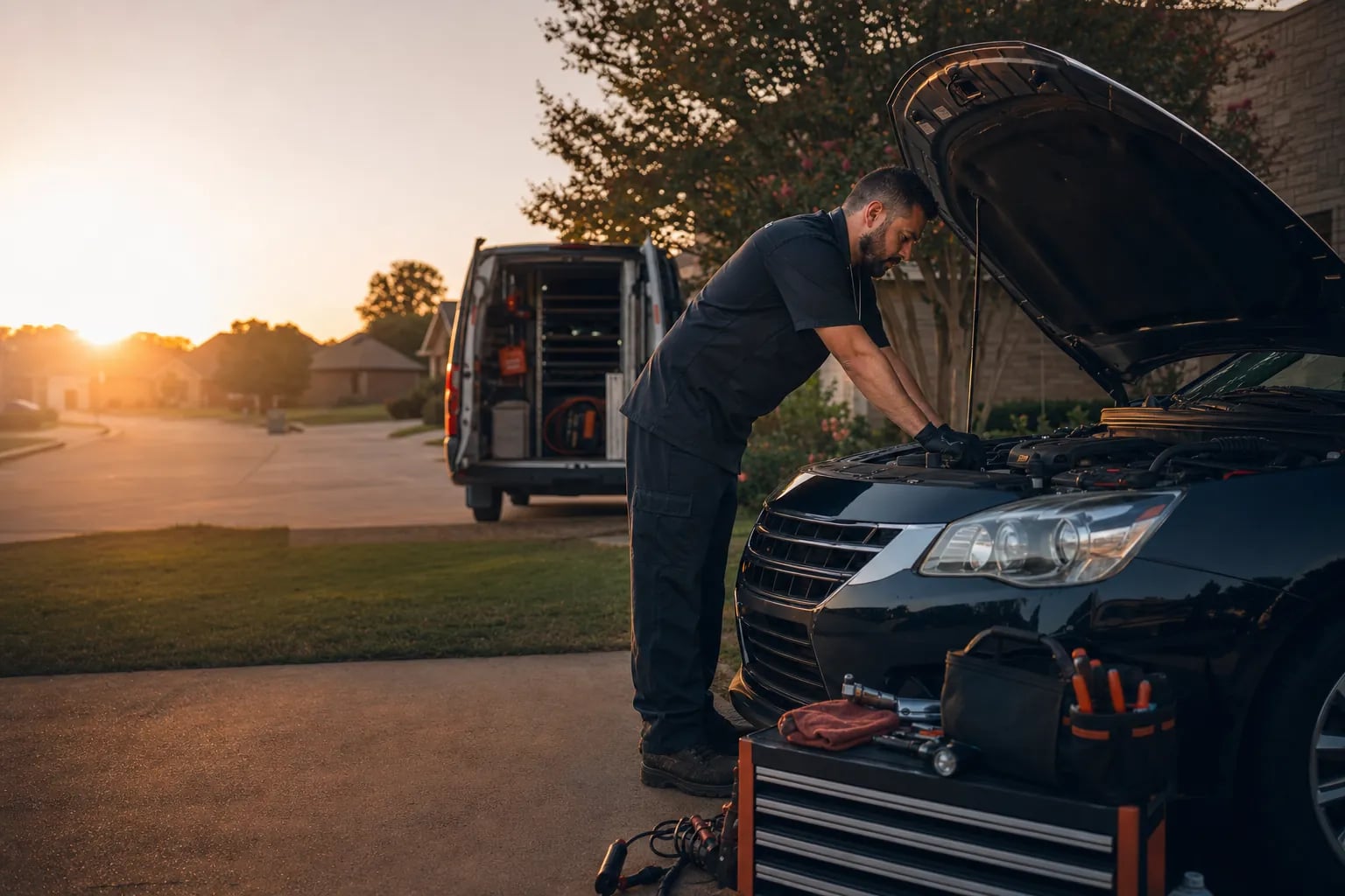 Mobile mechanic inspecting a parked sedan with the hood open in a driveway