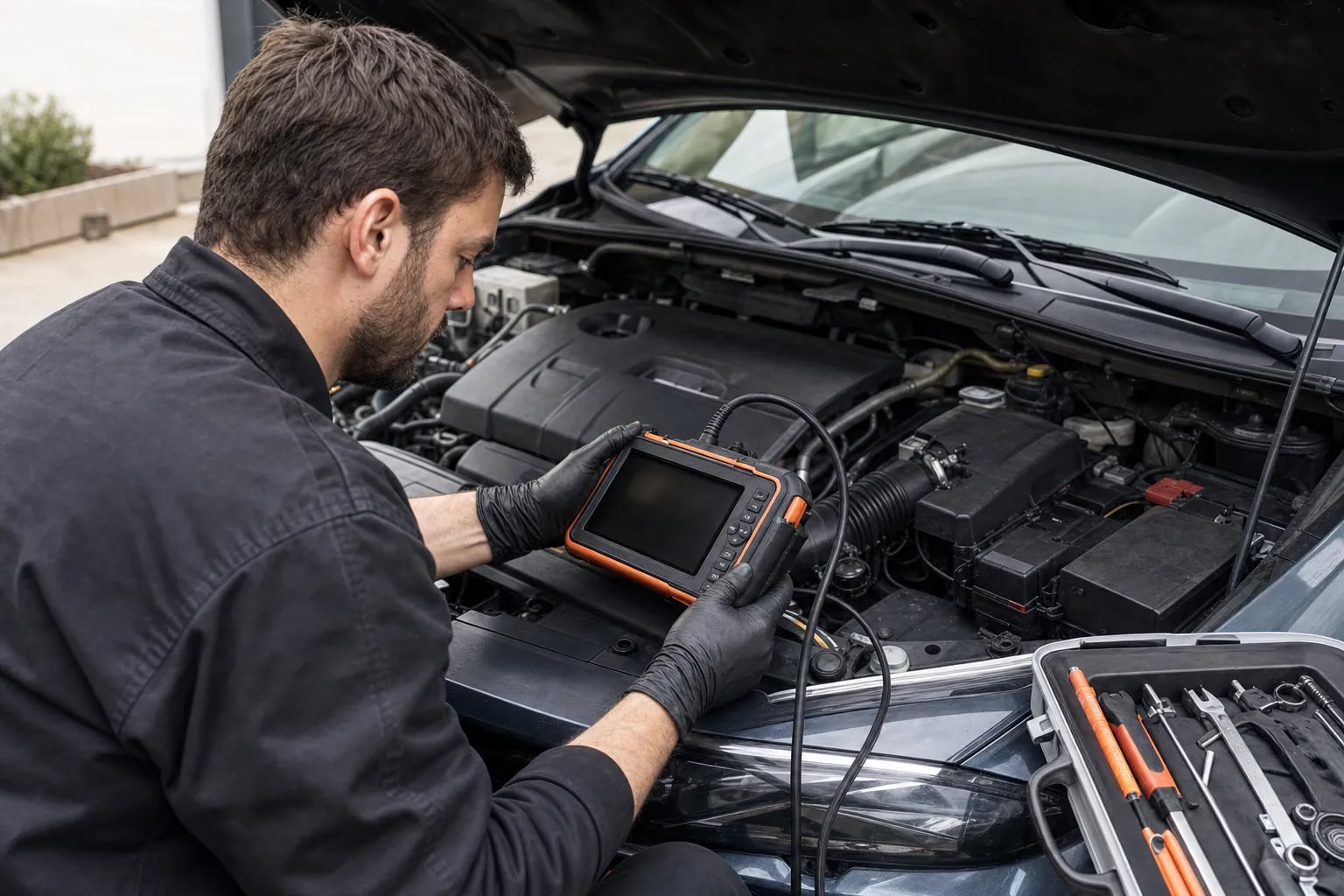 Mobile mechanic using diagnostic equipment beside an open vehicle hood