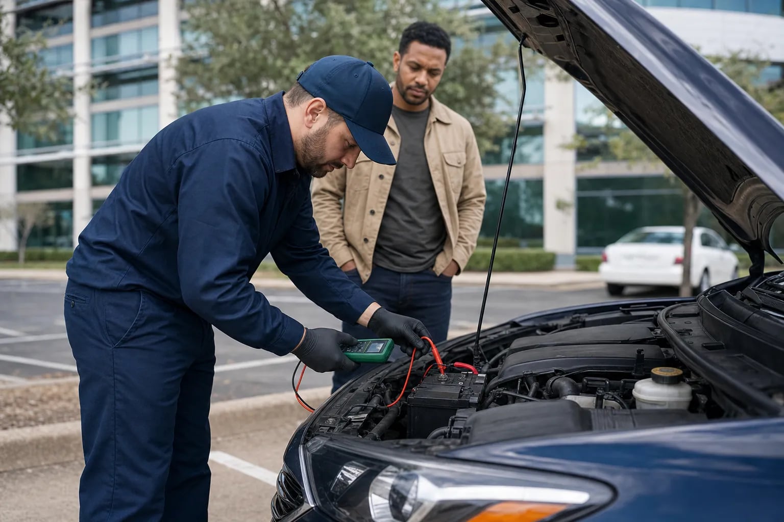 Mobile mechanic preparing to diagnose a vehicle that will not start