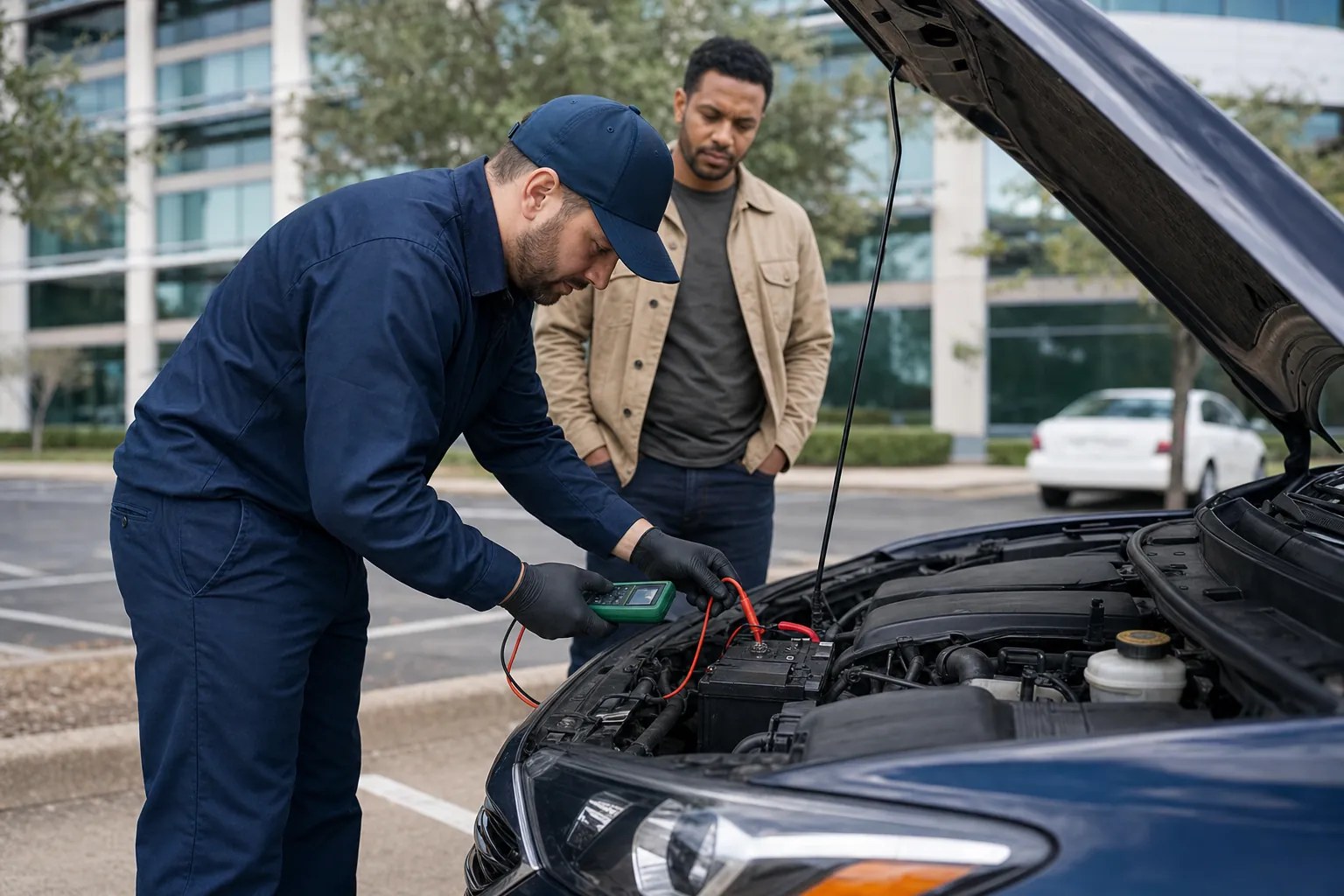 Mobile mechanic testing a vehicle battery at a safe parking location