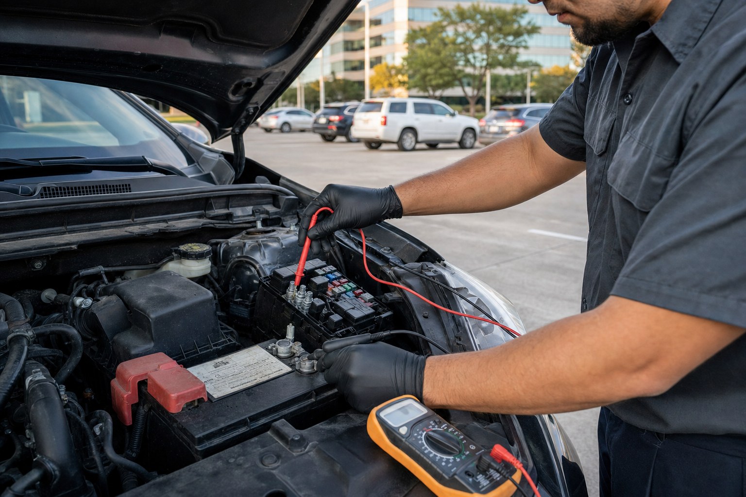 Mobile mechanic testing battery terminals and the engine bay with a digital multimeter