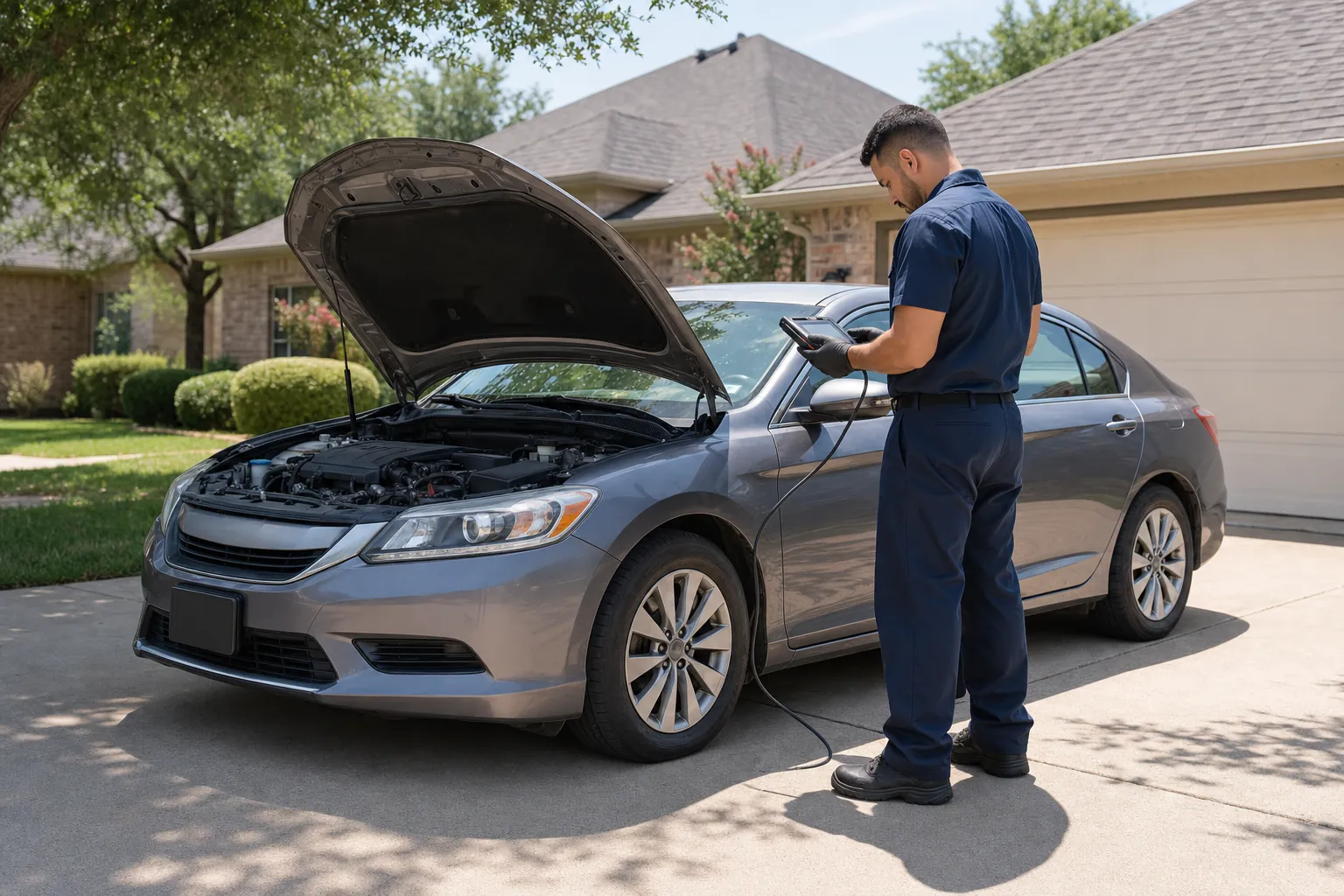 Mobile mechanic using a diagnostic scan tool beside a sedan with its hood raised in a driveway