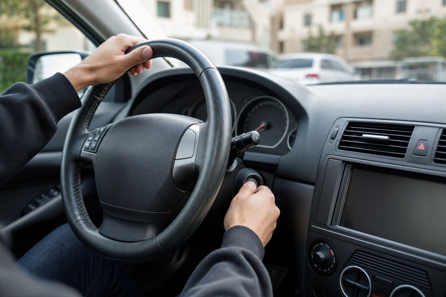 Driver making a brief starting attempt in a parked car