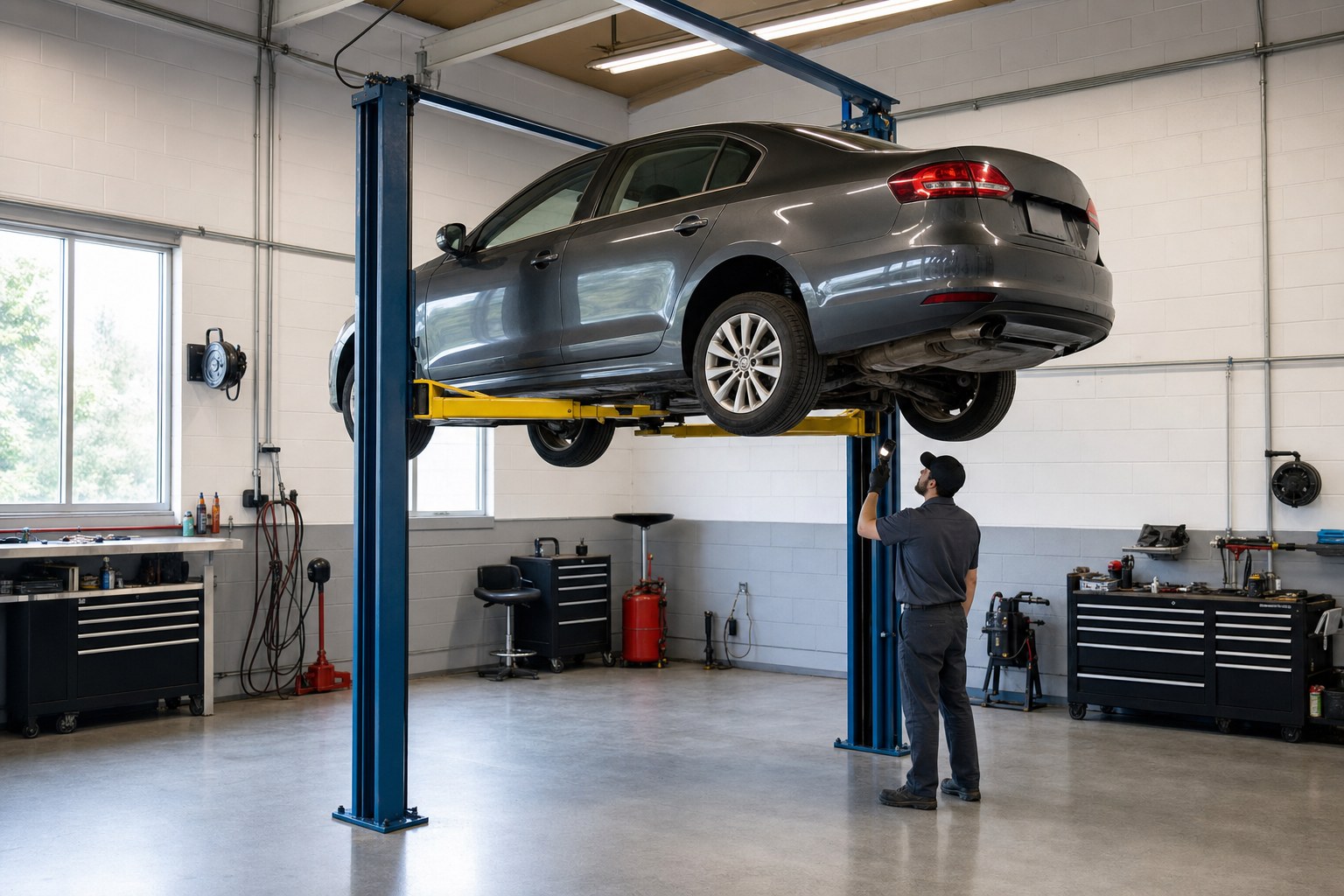 Passenger car safely raised on a hydraulic lift inside a professional repair shop