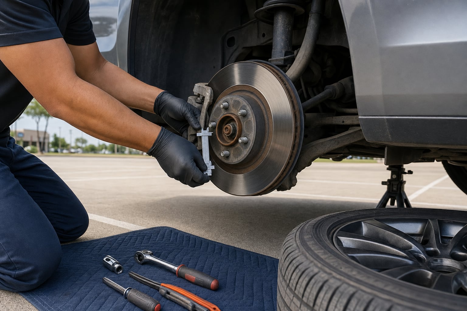 Technician measuring brake pad thickness beside an exposed rotor in a parking lot