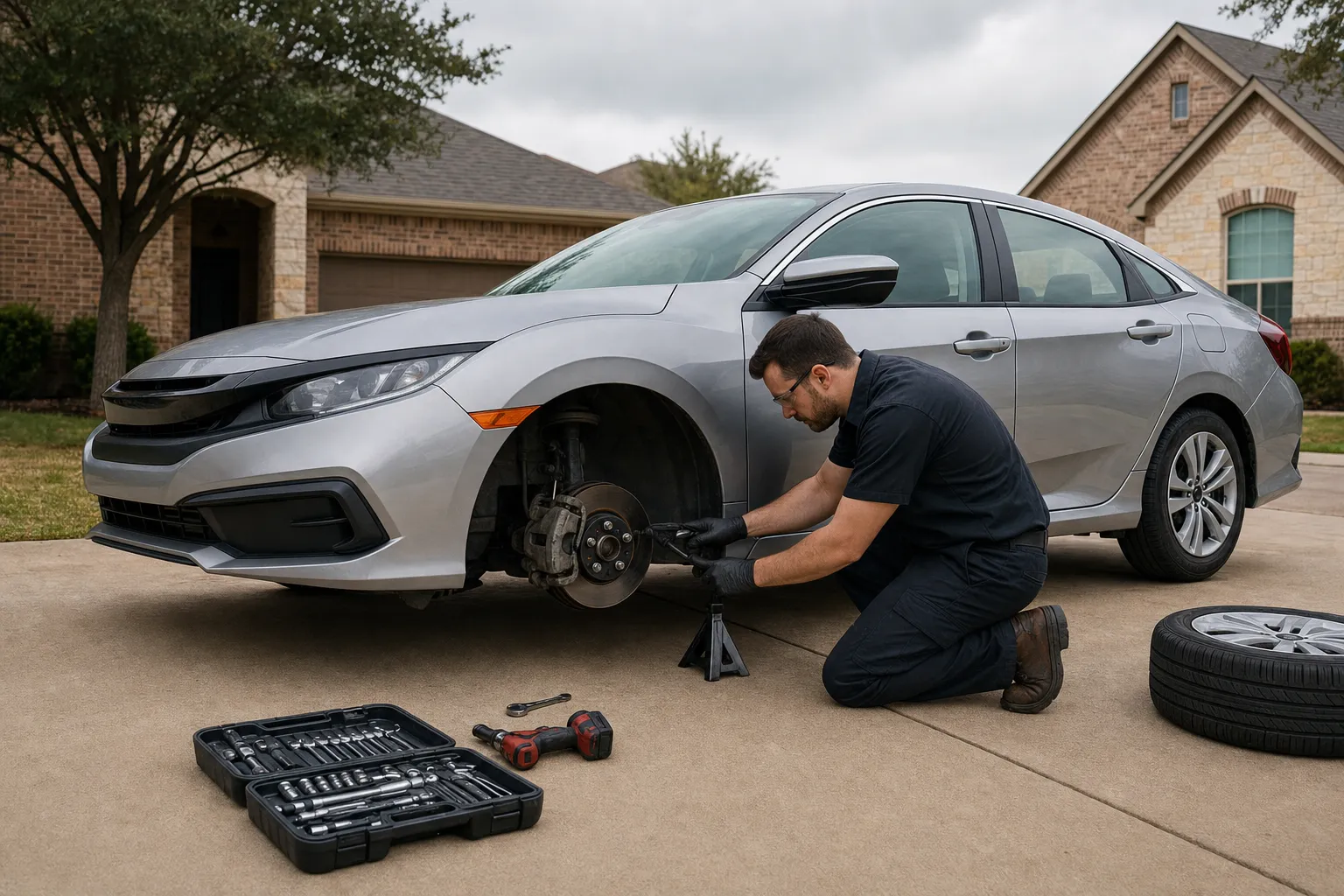Mobile mechanic inspecting front brake components beside a sedan in a driveway