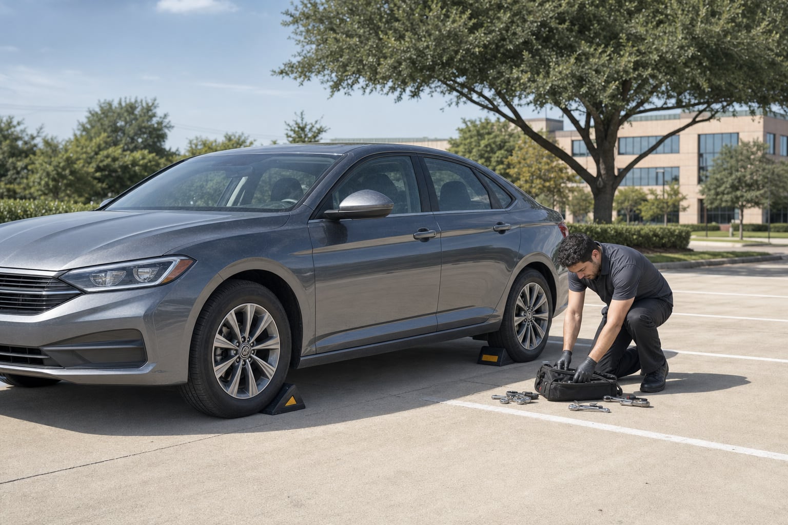 Technician preparing tools and wheel chocks beside a sedan in an open parking lot