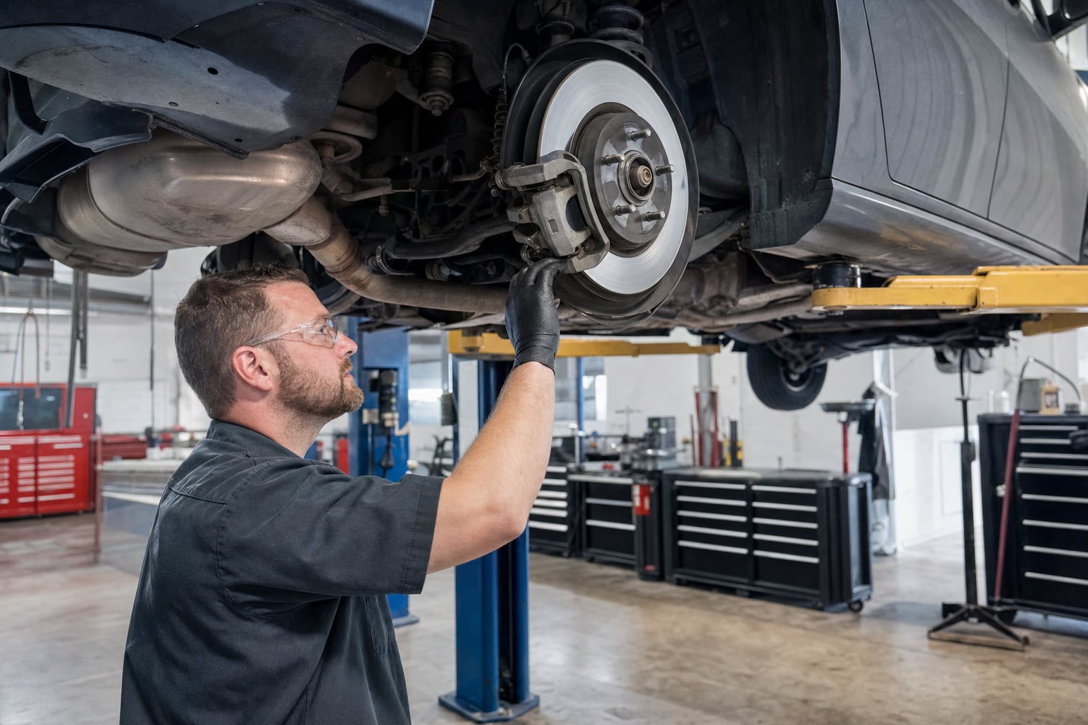 Technician inspecting brake hardware on a passenger vehicle raised securely in a repair shop