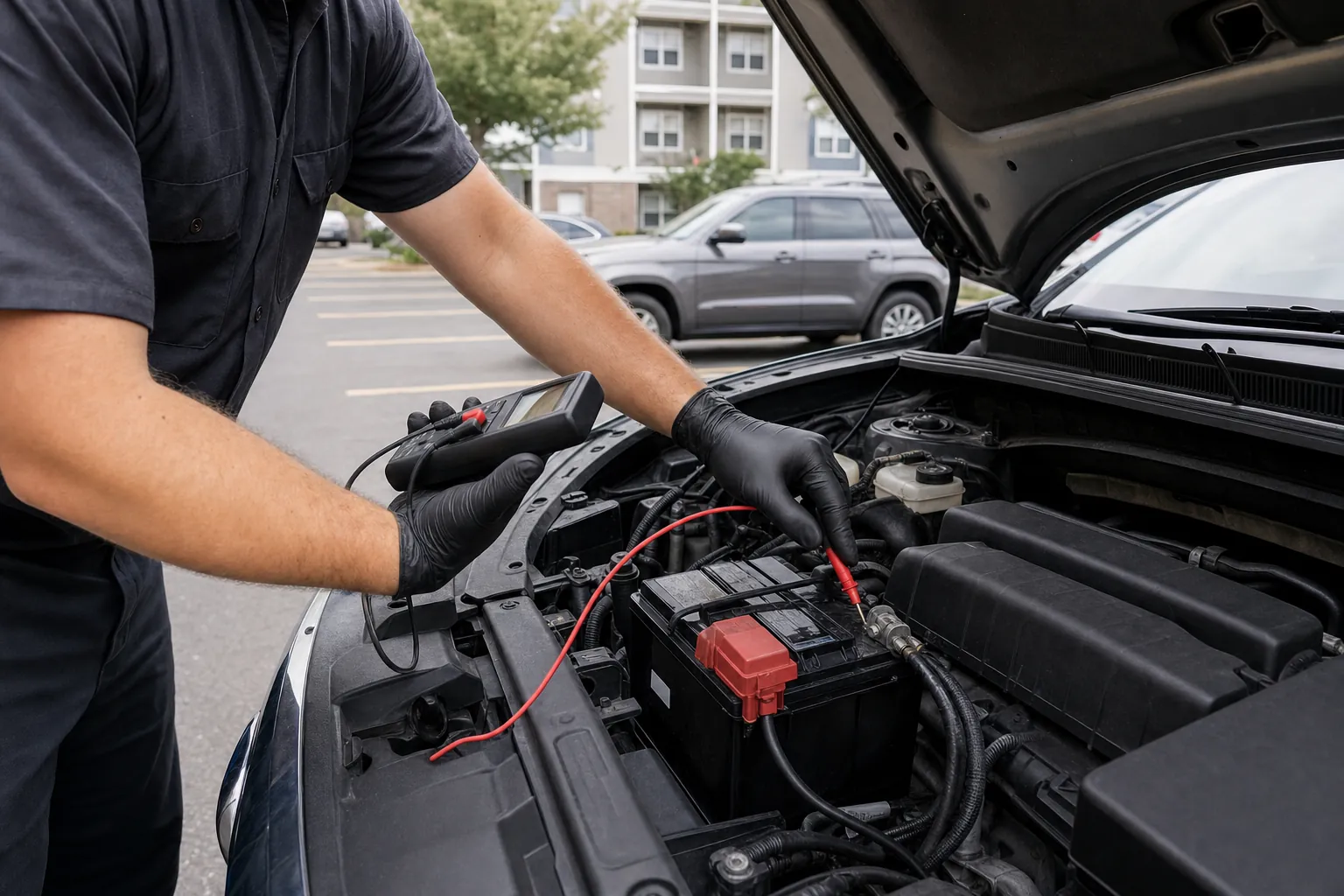 Mobile technician testing a vehicle battery and charging connections in a parking lot
